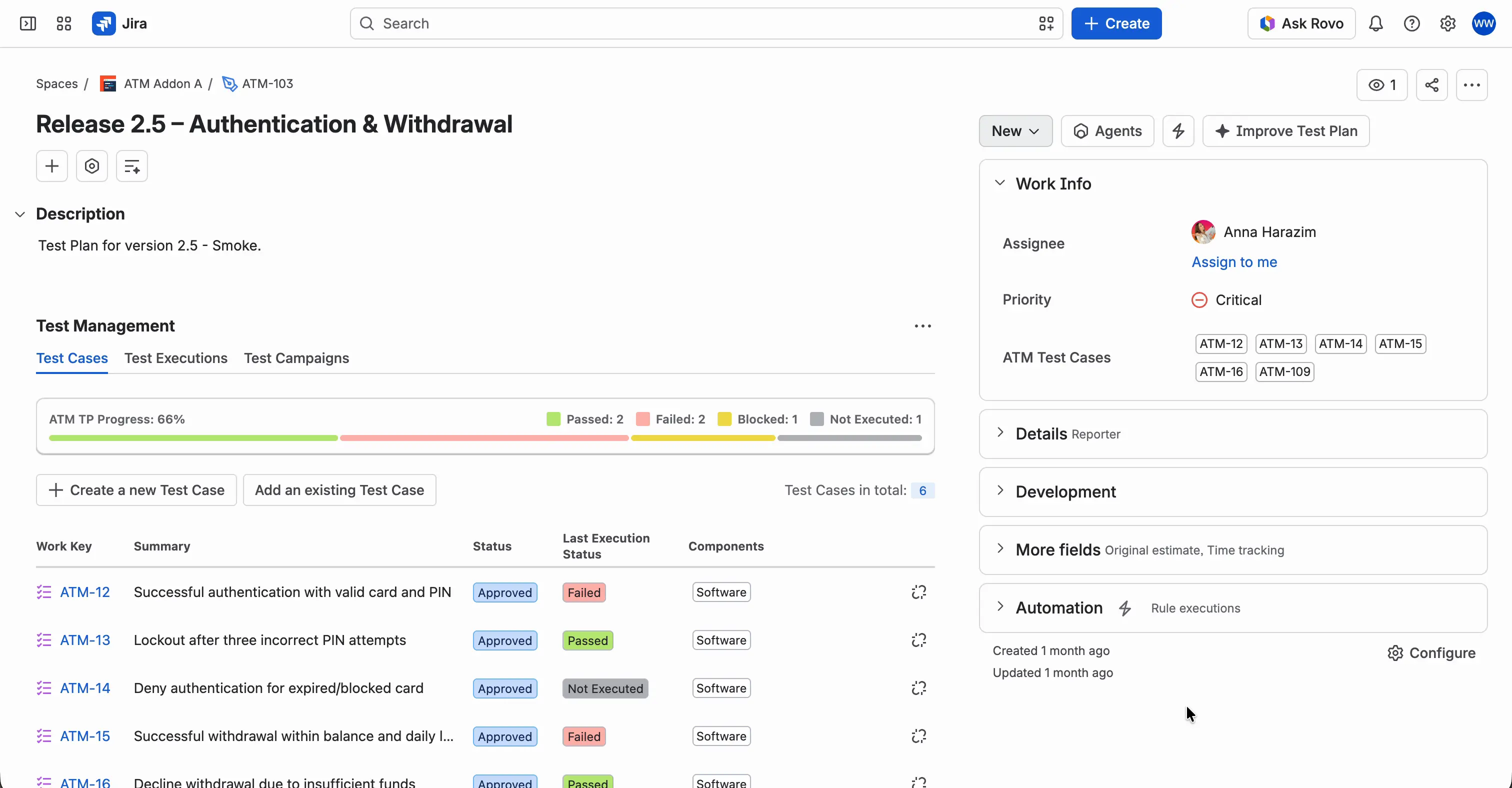 A Test Plan with the Test Management panel open on the Test Cases tab. The ATM TP Progress bar shows the plan's progress with its legend, above the list of Test Cases.