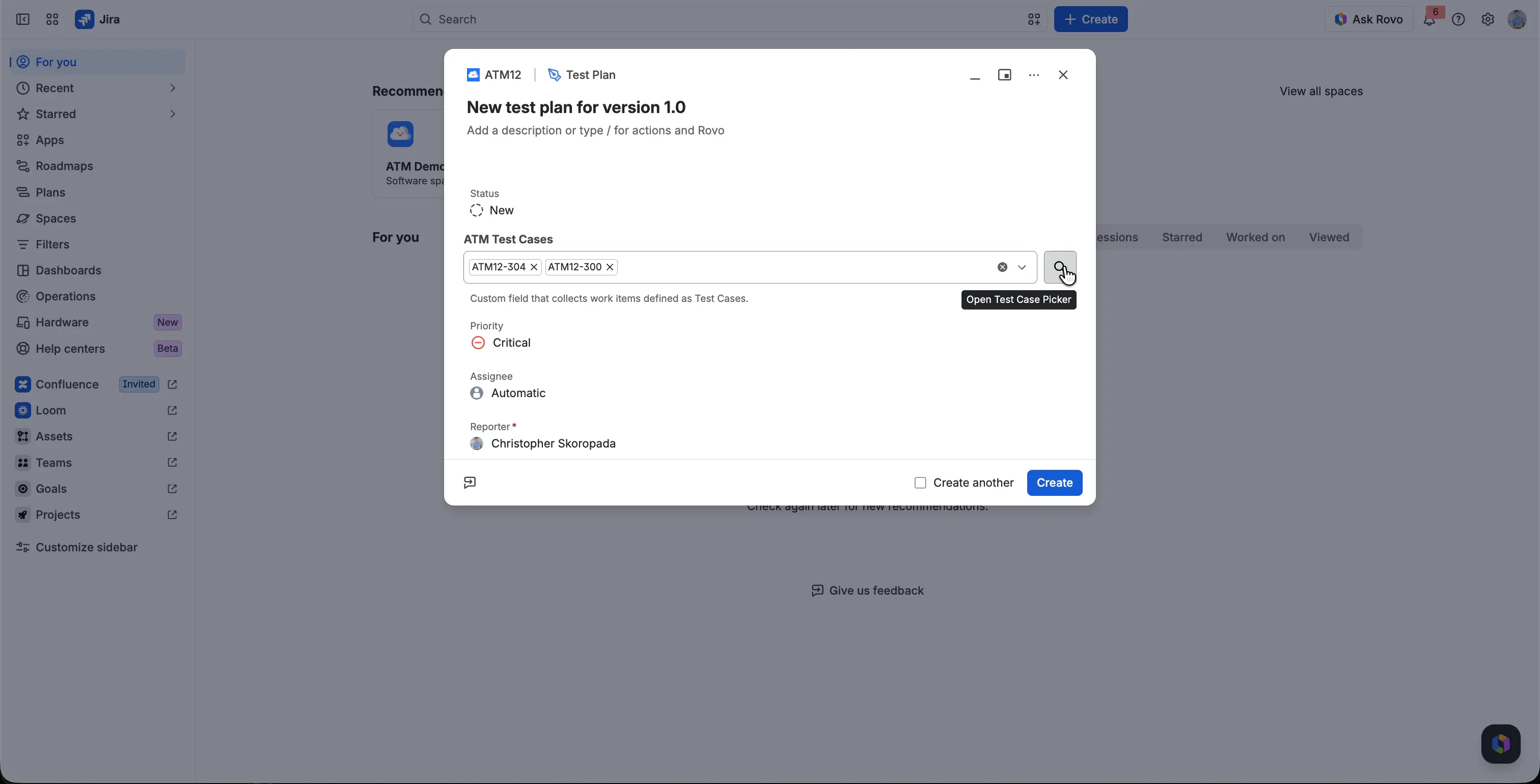 The Jira Create dialog for a Test Plan with Test Cases in the ATM Test Cases field and the Open Test Case Picker tooltip.