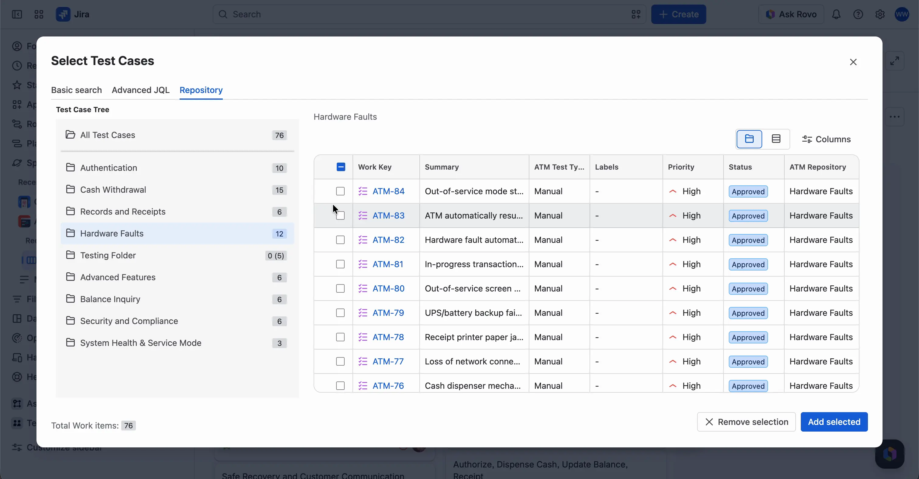 The Select Test Cases picker on the Repository tab, with the folder tree on the left and the Test Cases of the selected folder on the right.