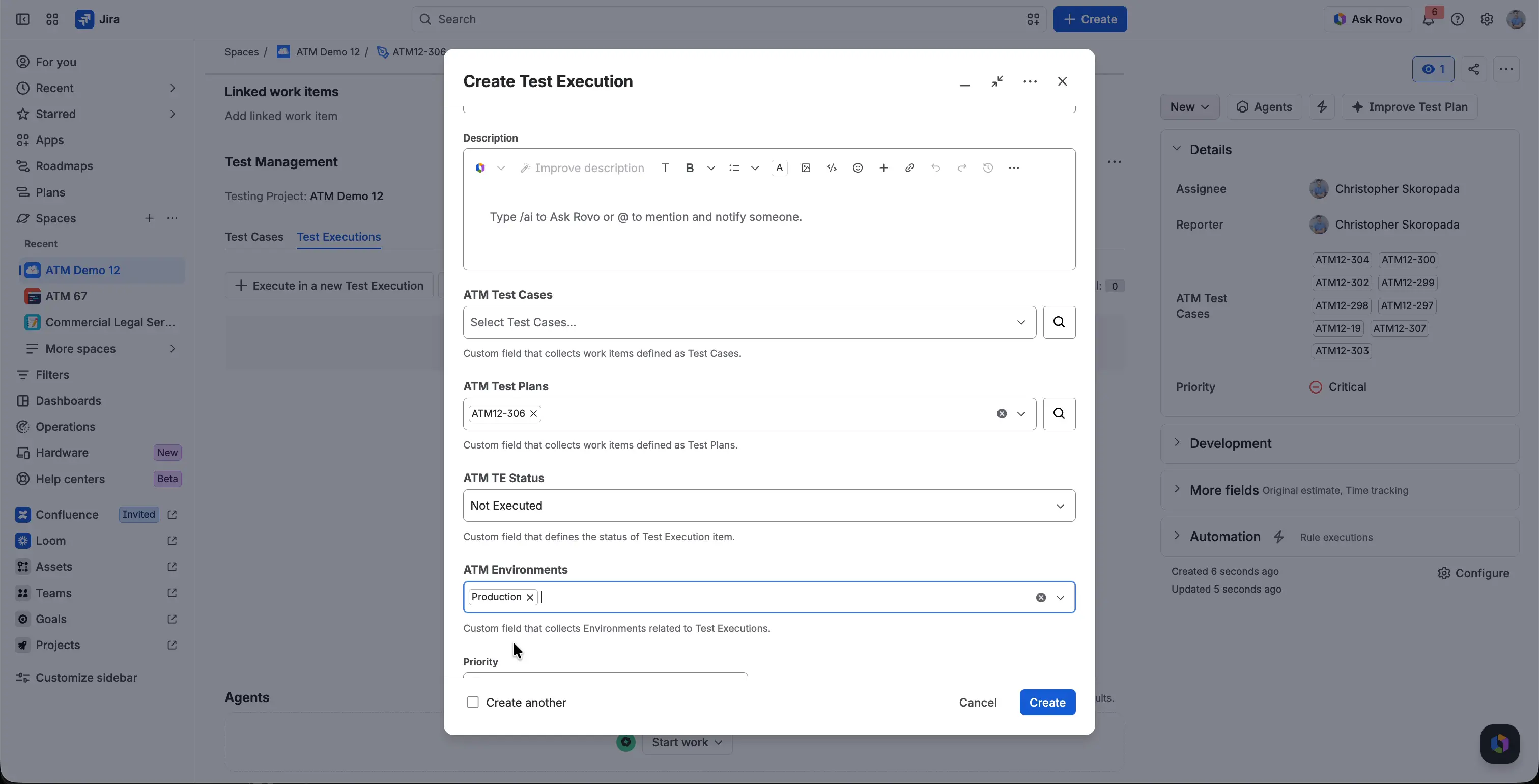 The Create Test Execution dialog opened from a Test Plan, with the ATM Test Plans field set to the plan and an environment selected in ATM Environments.