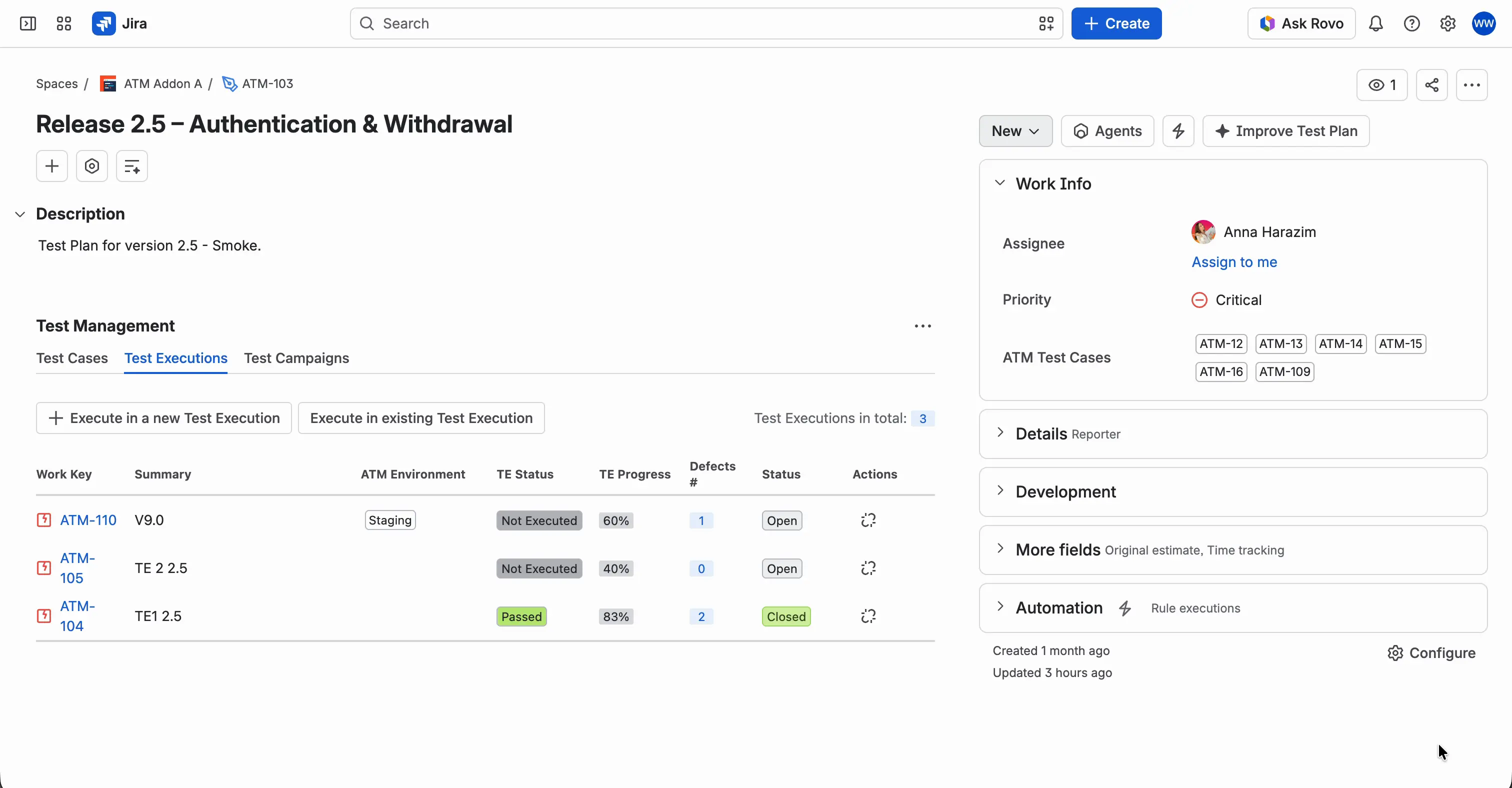 The Test Executions tab of a Test Plan listing a Test Execution with its environment, TE Status, TE Progress, defect count, and status.
