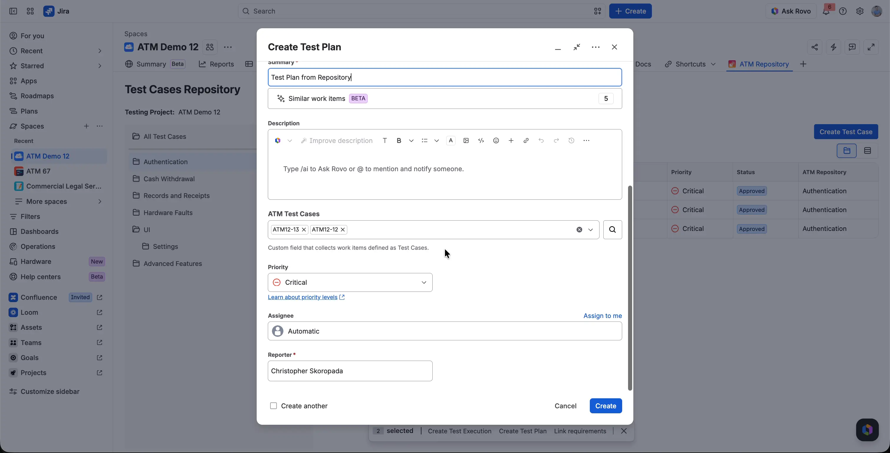 The Create Test Plan dialog opened from the ATM Repository, with the summary Test Plan from Repository and the selected Test Cases in the ATM Test Cases field.