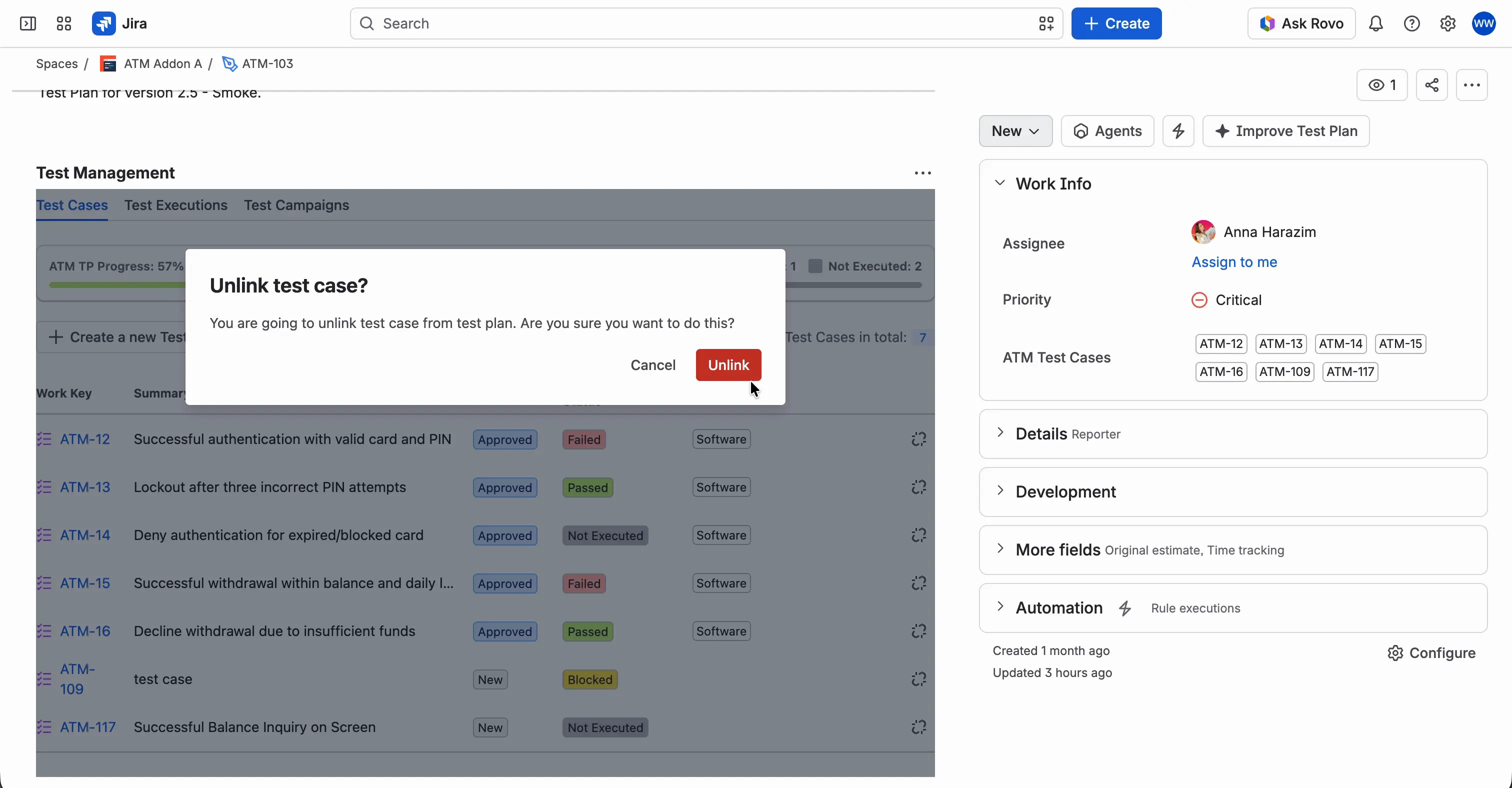 The Unlink test case? confirmation window over the Test Cases tab of a Test Plan.
