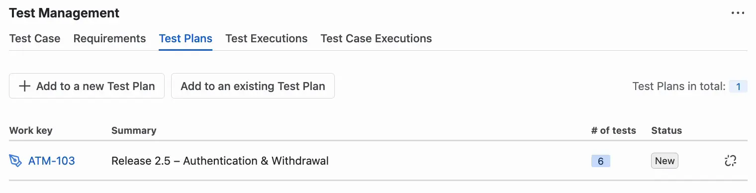 The Test Plans tab in the Test Management panel of a Test Case, with the Add to a new Test Plan and Add to an existing Test Plan buttons, Test Plans in total: 1, and one Test Plan in the list with its work key, summary, number of tests, and status.