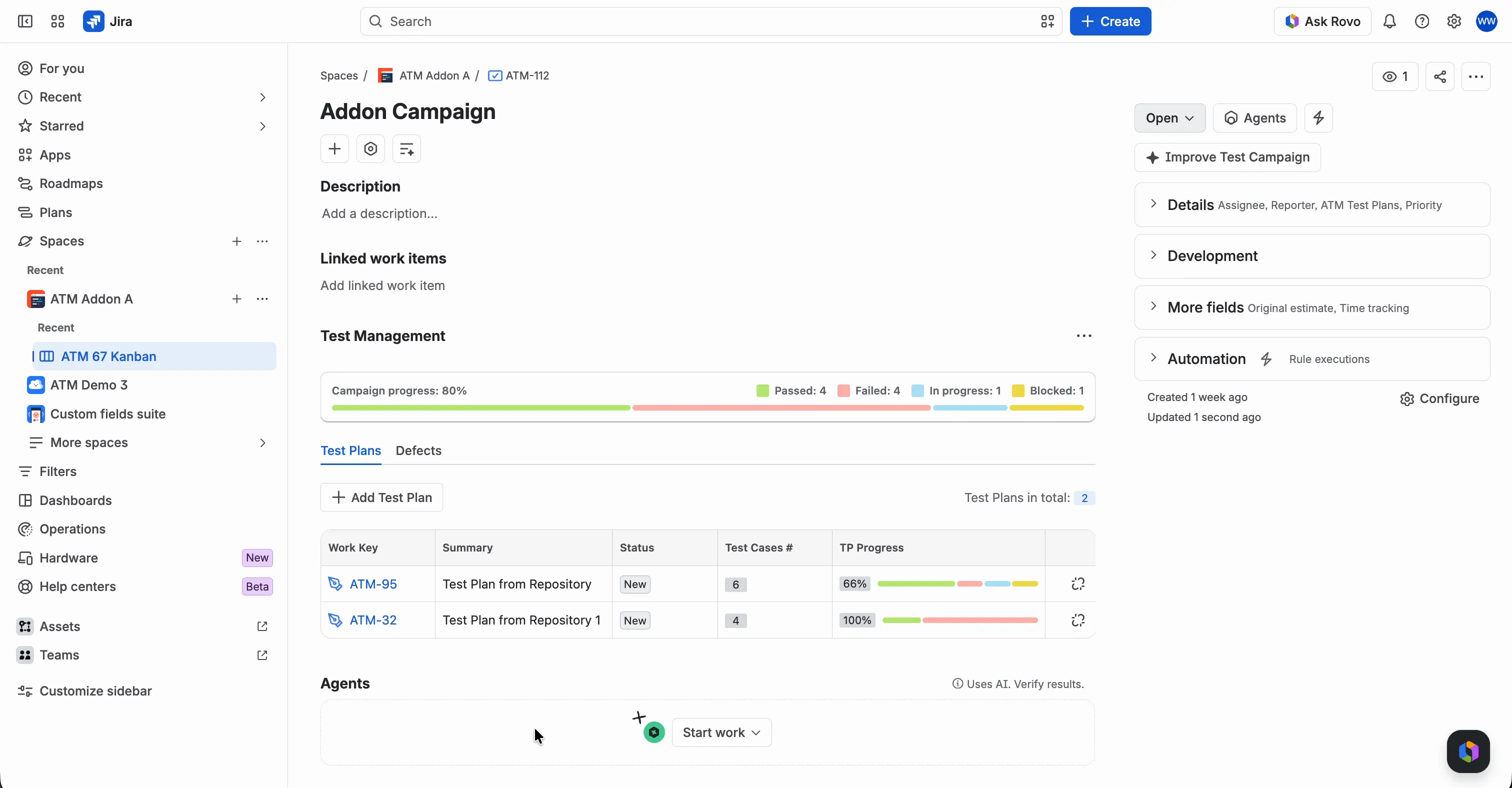 A Test Campaign with the Campaign progress bar and its legend above the Test Plans tab, which shows the Add Test Plan button and the table of connected plans with their TP Progress.