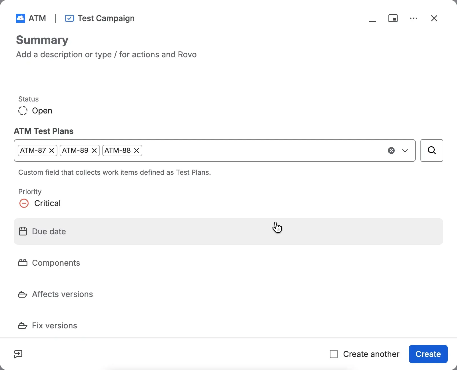The Jira Create dialog for a Test Campaign. The ATM Test Plans field shows three selected Test Plans as tags: ATM-87, ATM-89 and ATM-88.