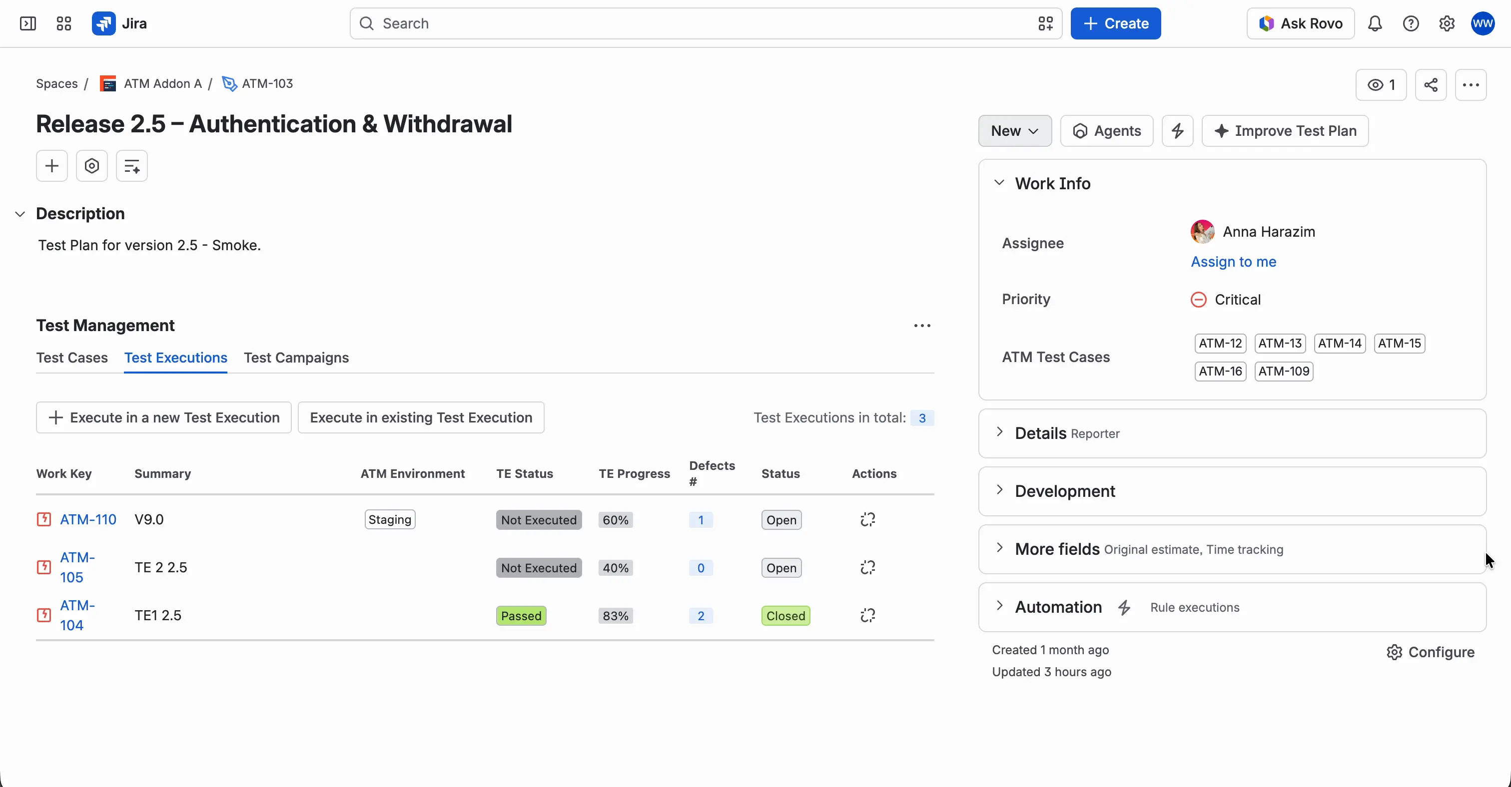 A Test Plan with the Test Management panel on the Test Executions tab. The tab lists earlier runs with their environment, TE Status, TE Progress, defect count, and status. The cursor points at the Execute in a new Test Execution button.