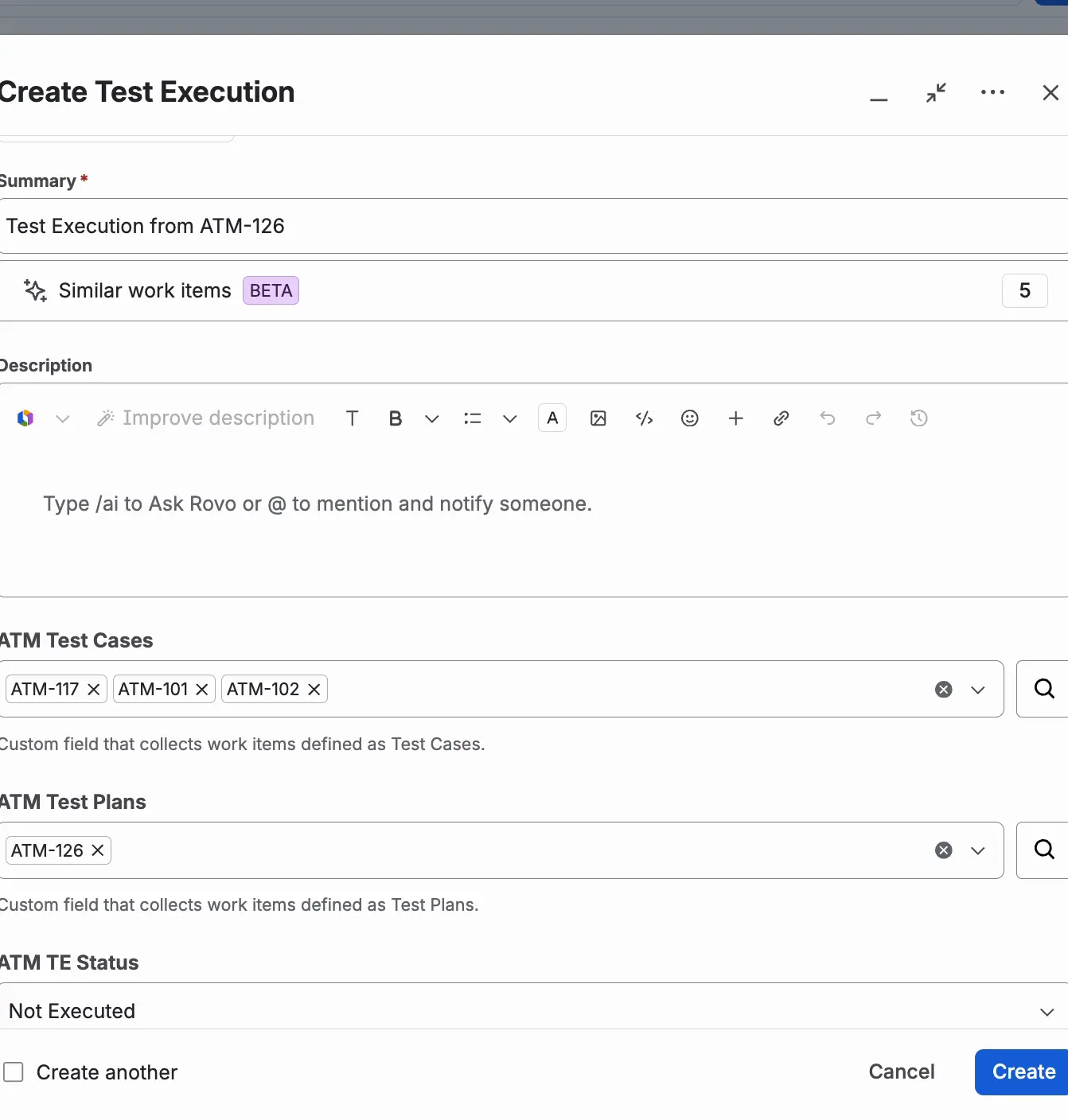 The Create Test Execution dialog opened from a Test Plan. Summary is filled in as Test Execution from and the plan key, and ATM Test Plans holds the key of the plan.