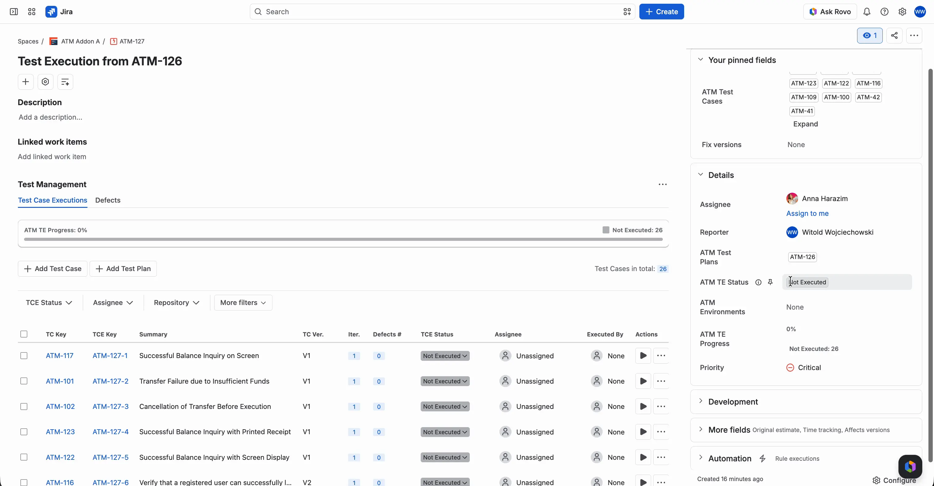 The new Test Execution with the ATM Test Cases field filled with the keys of the Test Cases from the plan, ATM Test Plans set to the plan, and a Test Case Execution for each Test Case, all Not Executed.