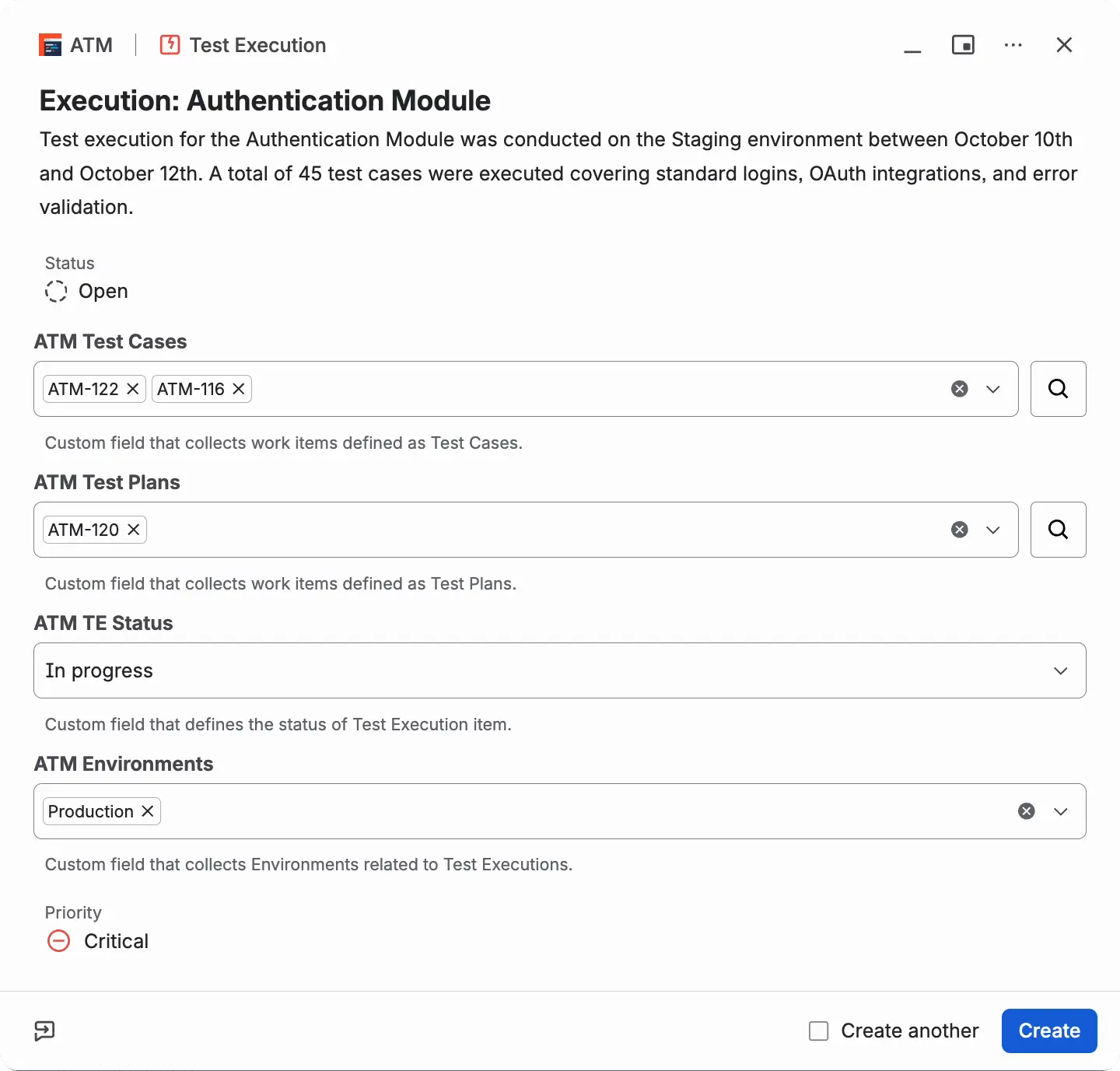 The Jira Create dialog for a Test Execution with the ATM Test Cases, ATM Test Plans, ATM TE Status, and ATM Environments fields.