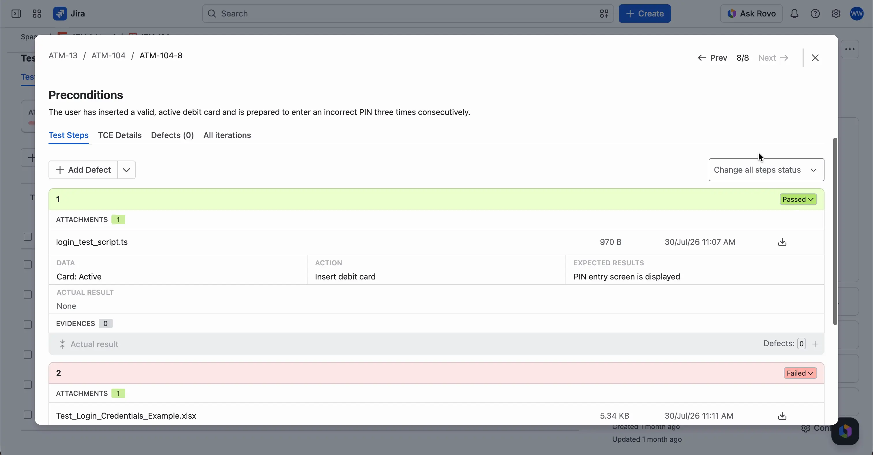 Steps in the execution window: the first step is Passed and the second one is Failed. Each step shows its attachments from the Test Case with a download button.
