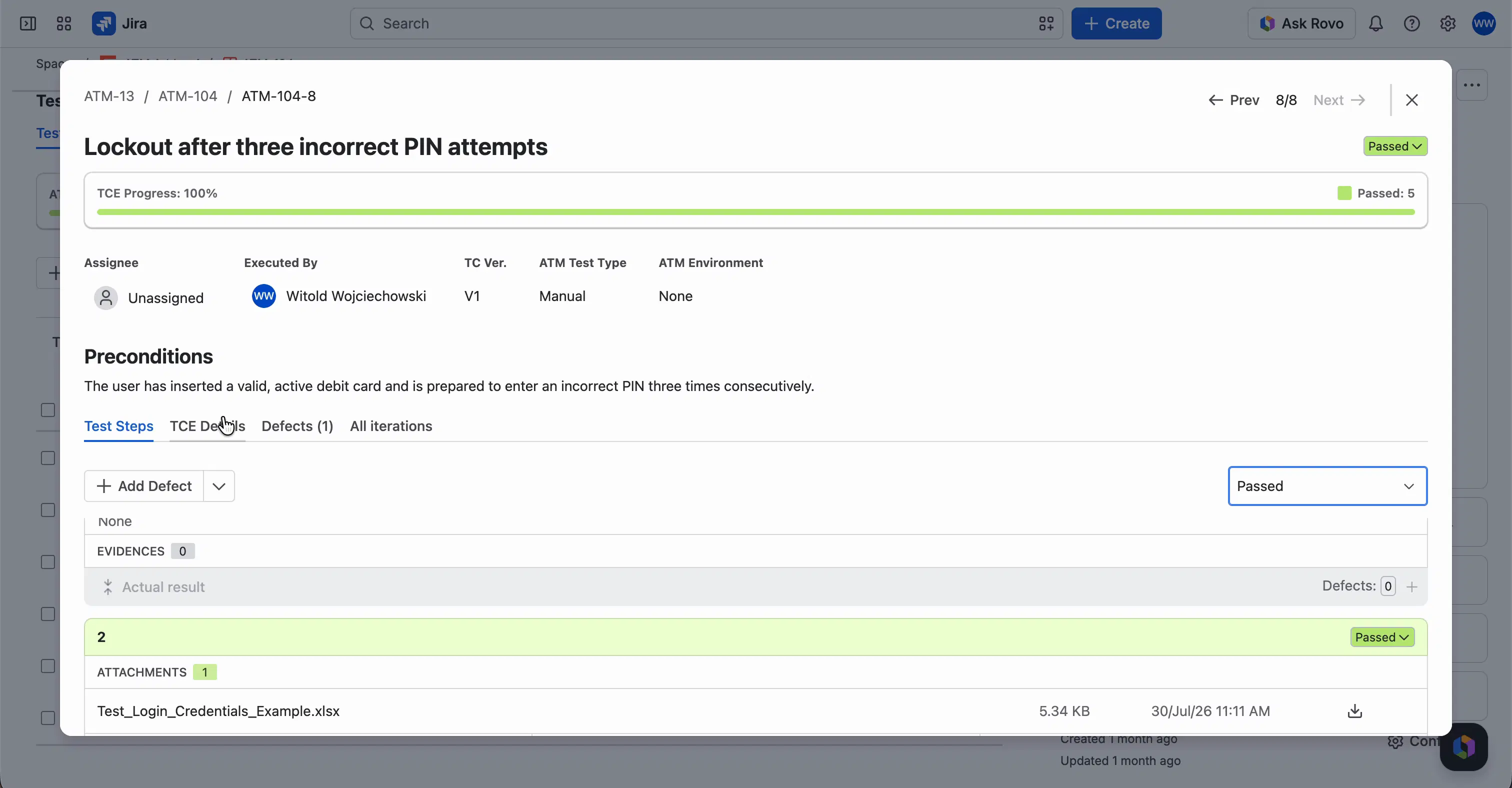 A Test Case Execution with all steps Passed: the status in the top-right corner is Passed, the TCE Progress bar is full, and Executed By shows the tester.