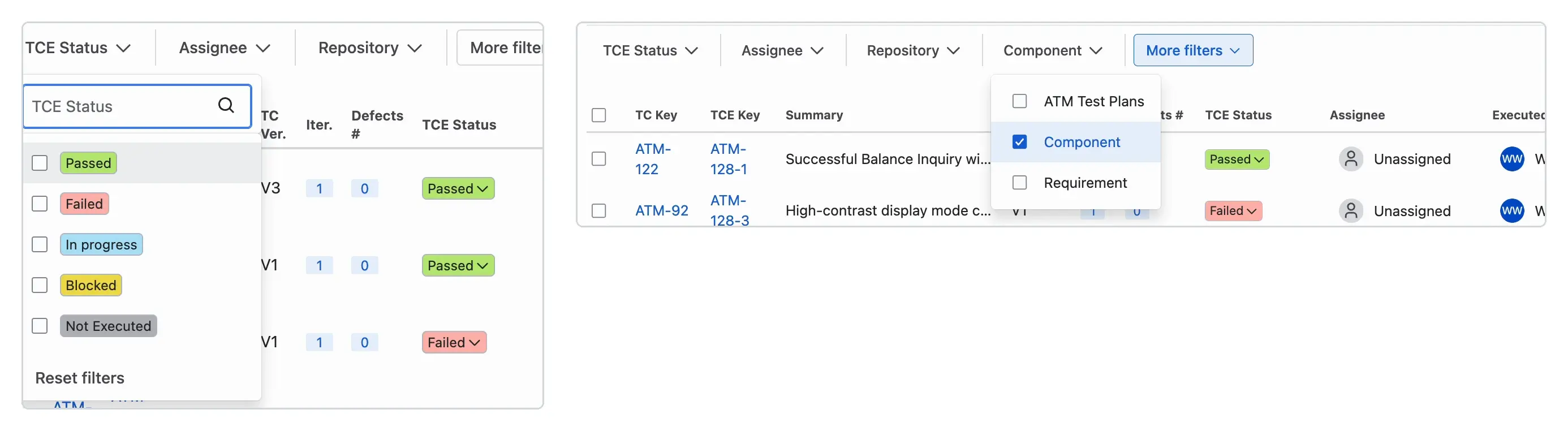 Two filters above the Test Case Executions table. Left: the TCE Status filter open, with Passed, Failed, In progress, Blocked, and Not Executed. Right: the More filters list open, with the ATM Test Plans, Component, and Requirement checkboxes.
