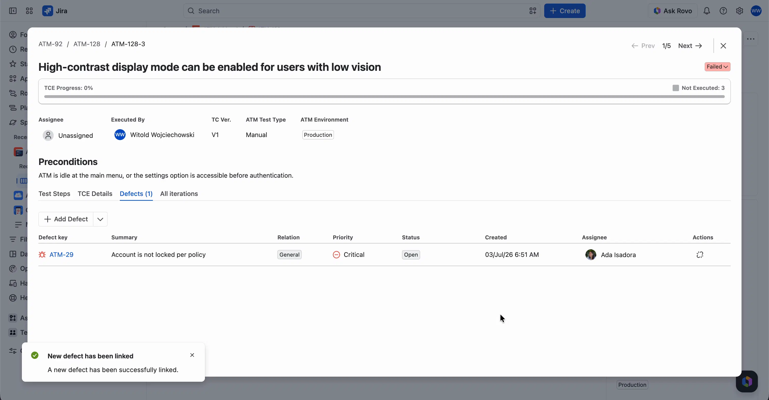 The Defects tab of the execution window listing a linked defect with its key, summary, relation, priority, status, creation date, assignee, and actions. The message New defect has been linked appears in the corner.