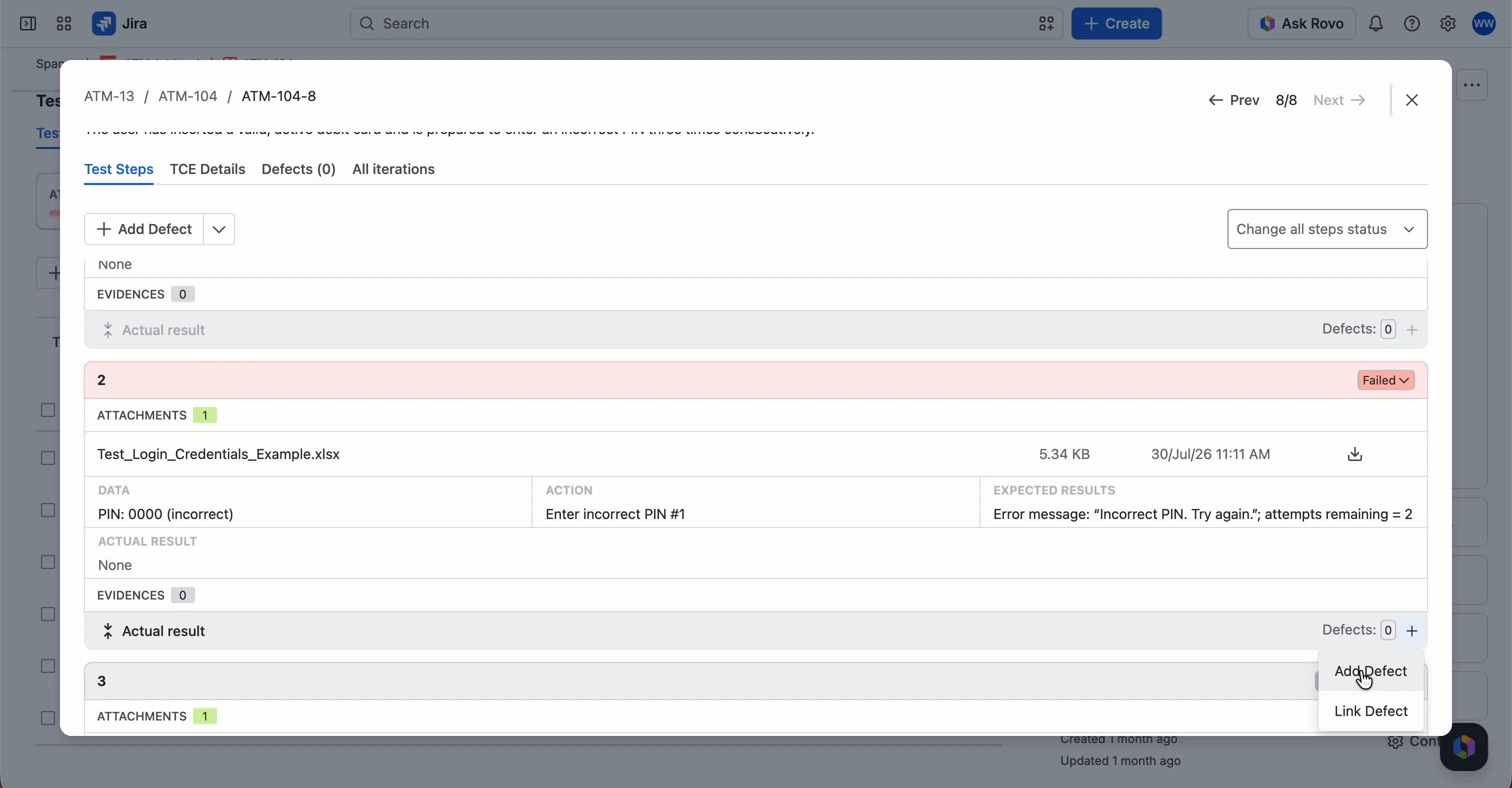 The execution window with the menu that opens from the + button next to Defects on a step. The menu offers Add Defect to create a new defect and Link Defect to link an existing one.