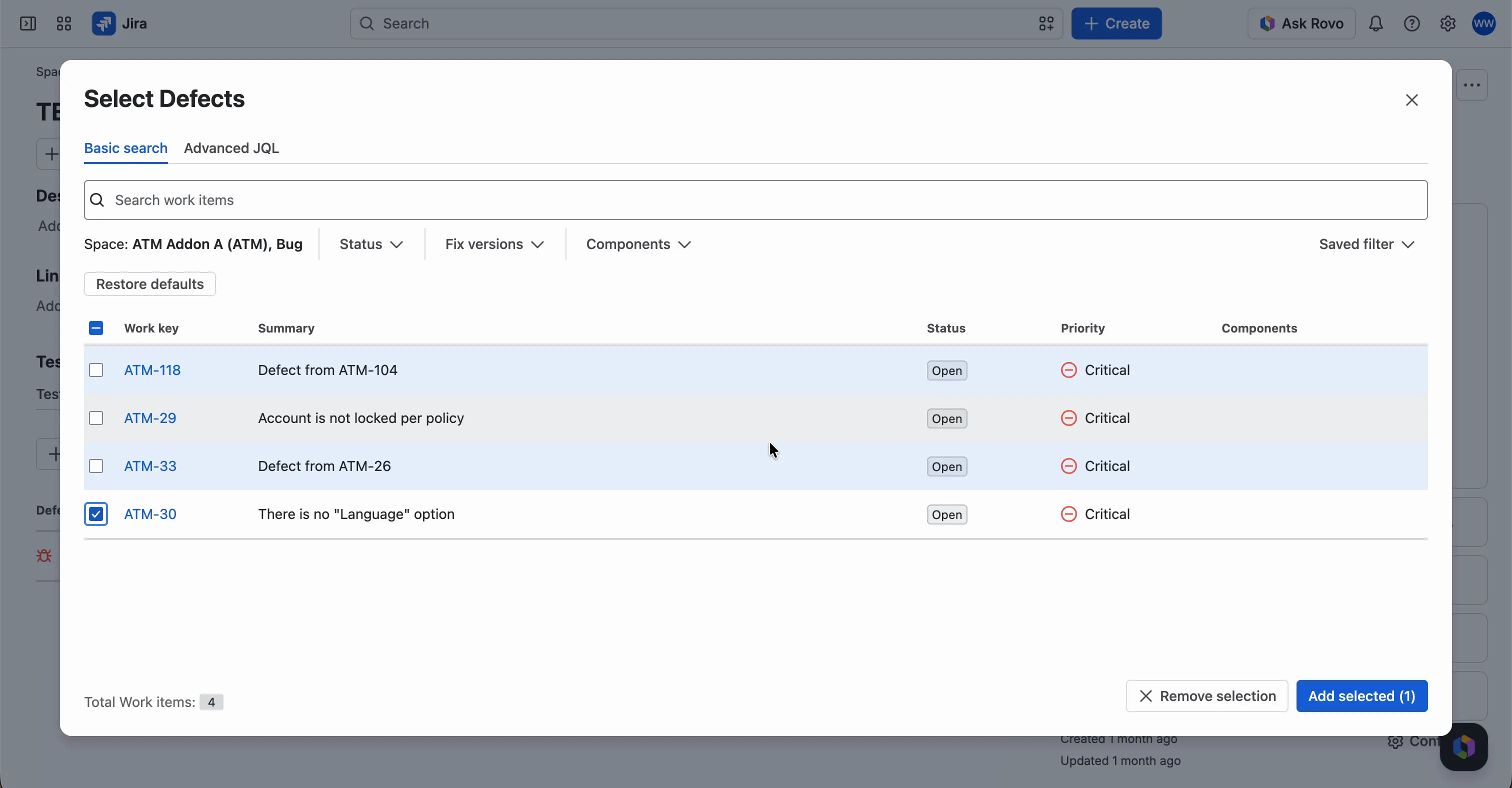 The Select Defects window on the Basic search tab, filtered by space and the Bug work type, with a defect selected. The Remove selection and Add selected buttons are at the bottom.