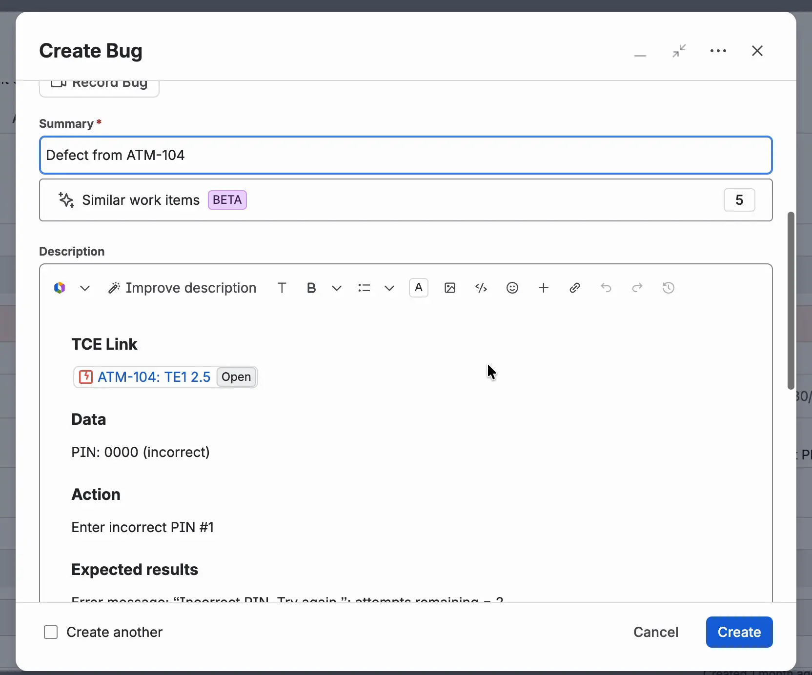 The Create Bug dialog opened with Add Defect from a step. Summary reads Defect from and the Test Execution key. Description is already filled with the TCE Link and the Data, Action, and Expected Result of the step.