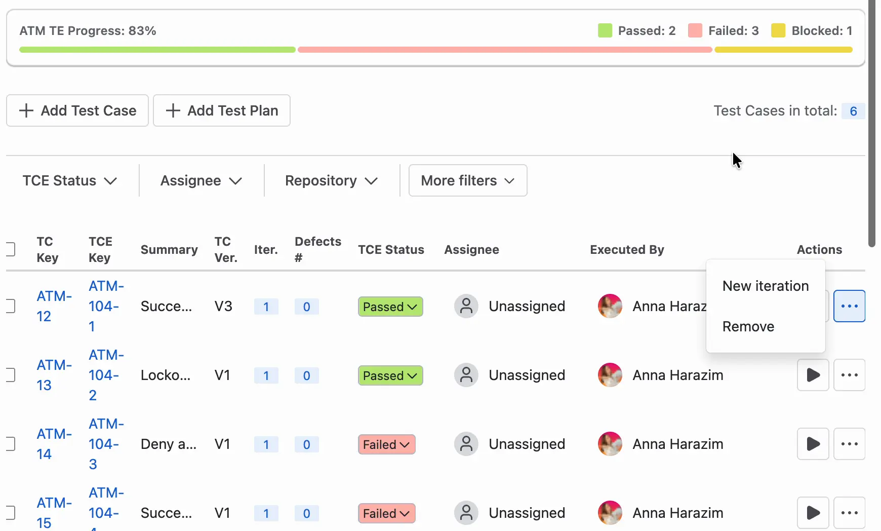 The Test Case Executions table of a Test Execution with the … menu of one row open in the Actions column. The menu shows New iteration and Remove.