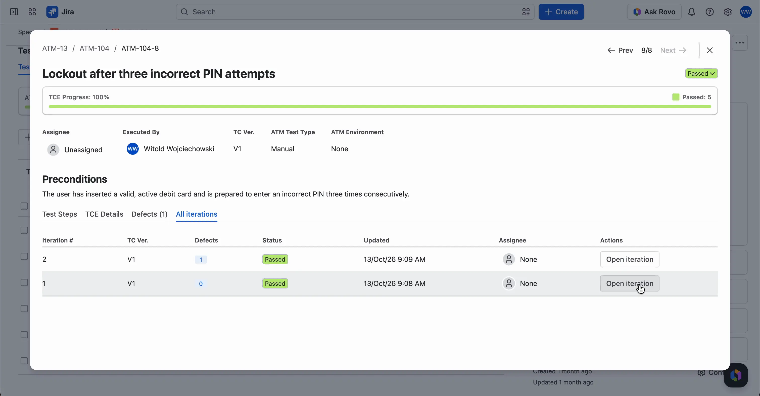 The All iterations tab of the execution window listing two iterations with their number, Test Case version, number of defects, status, date, assignee, and an Open iteration button.