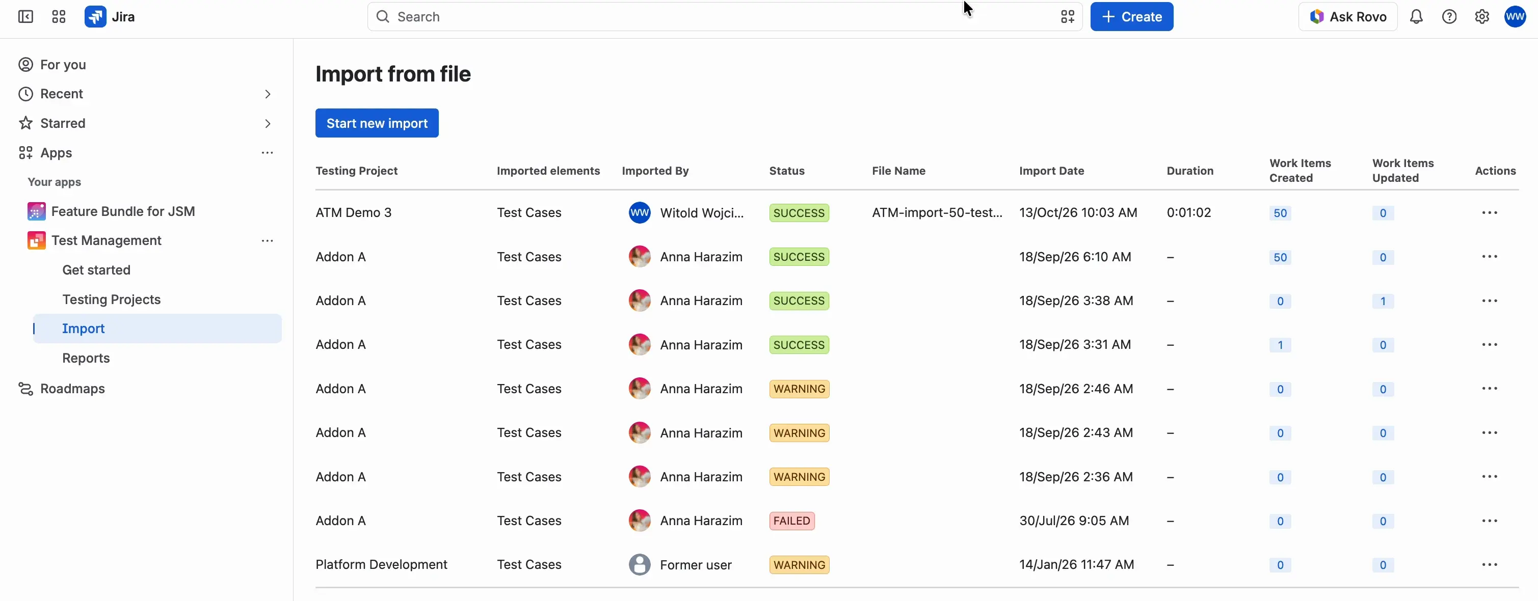 The Import from file page, opened from Apps › Test Management › Import in the Jira sidebar. It has the Start new import button and the import history table with the Testing Project, imported elements, person, status, file name, import date, duration, and the numbers of work items created and updated.