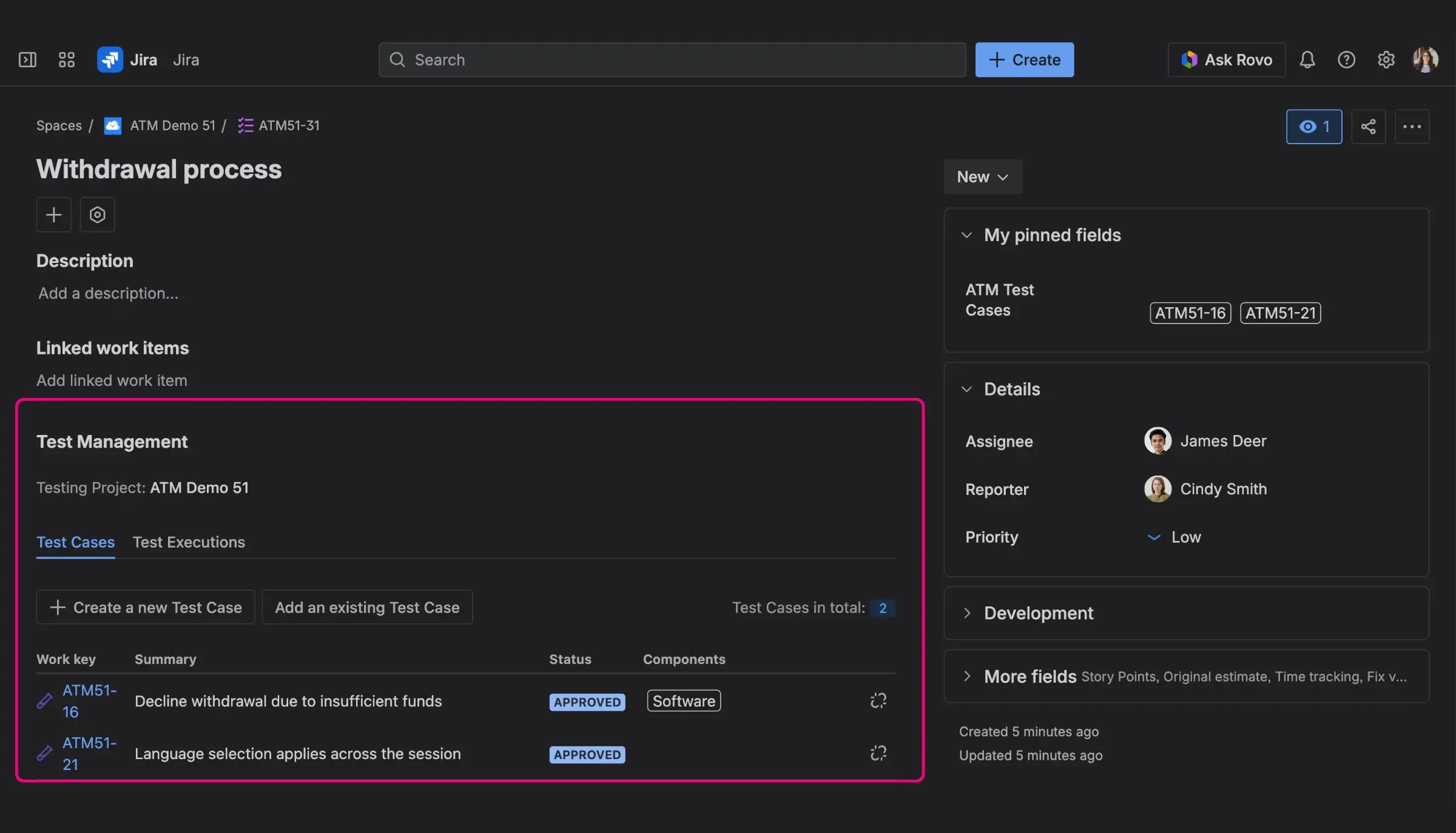 The Test Management panel inside a Test Plan issue, displaying the Test Cases and Test Executions tabs.