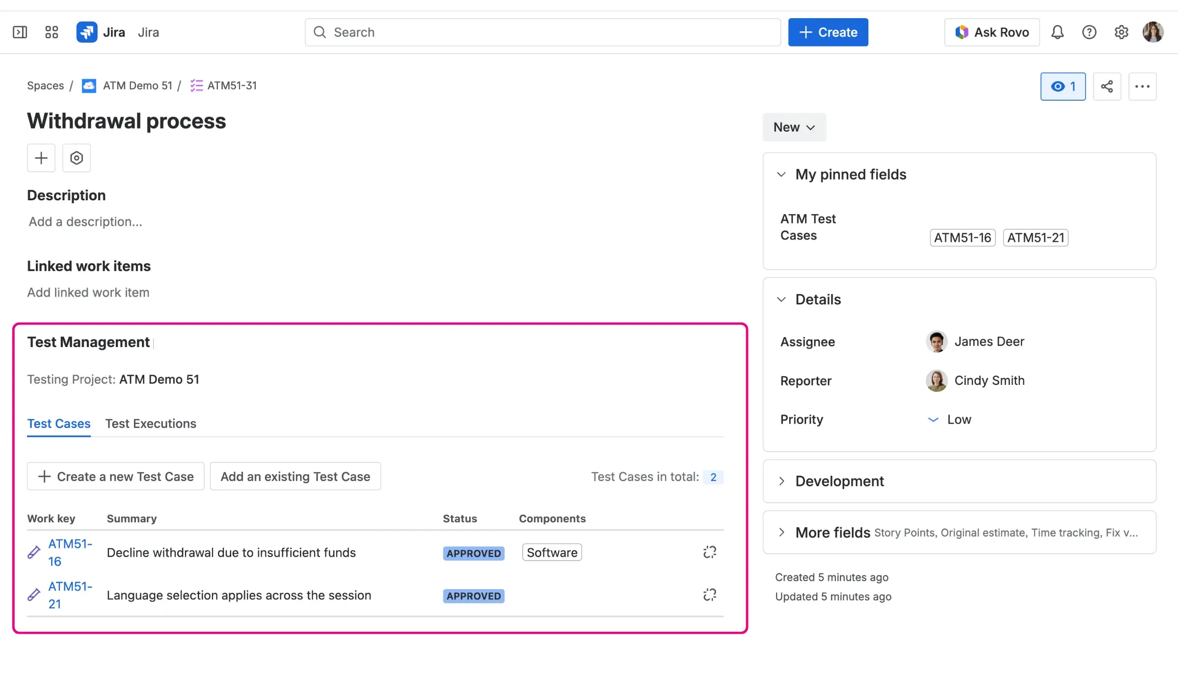 The Test Management panel inside a Test Plan issue, displaying the Test Cases and Test Executions tabs.