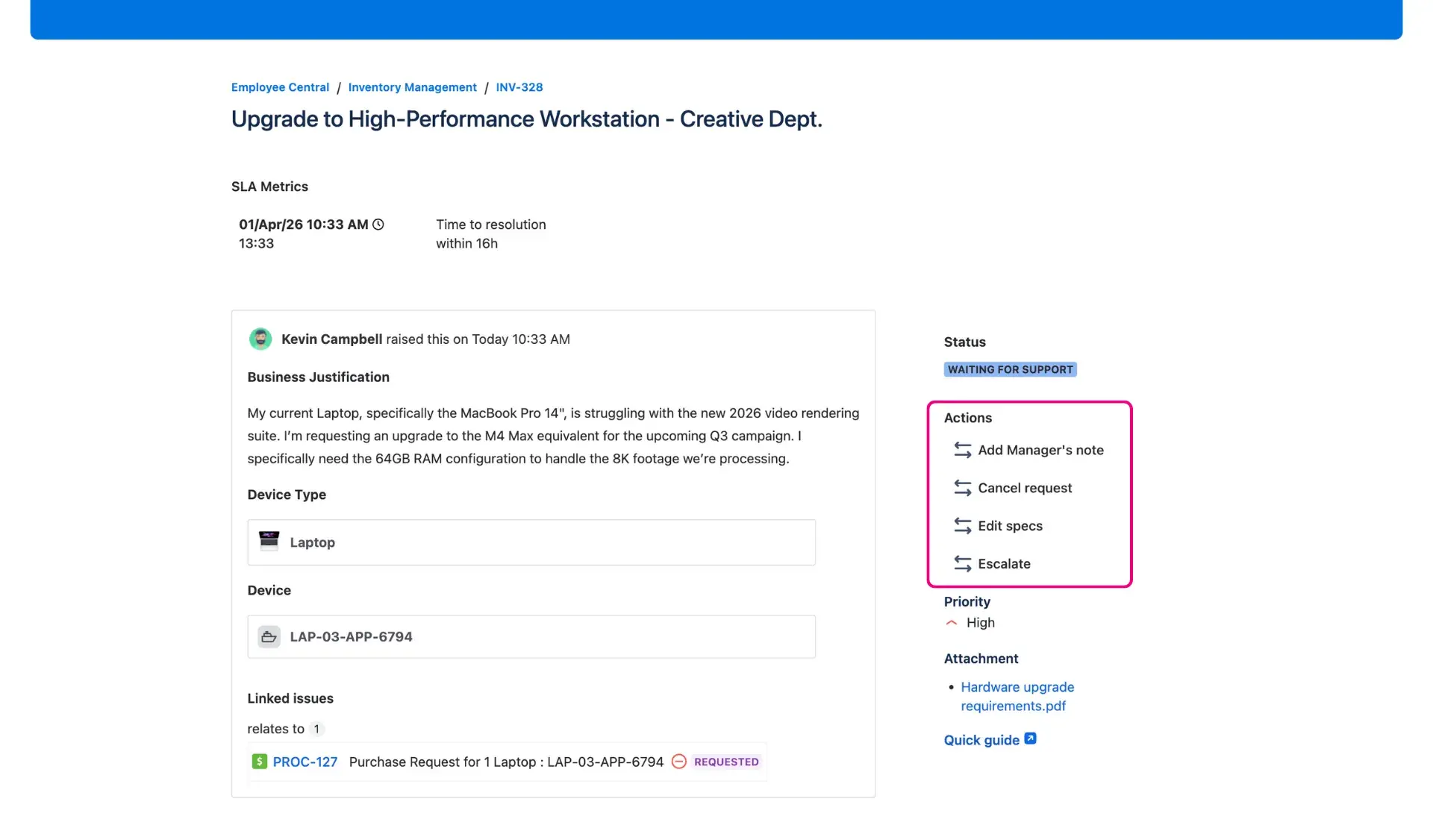Customer actions on Jira service desk - image of a request detail view with a highlighted form.