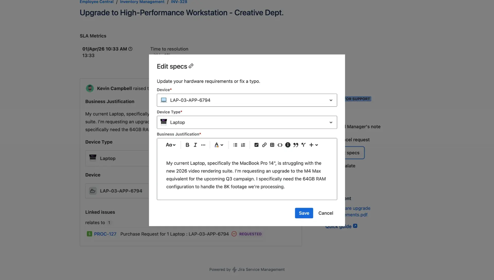 Customer actions on portal - example dialog window of editing a request directly on Jira Service Management help desk.