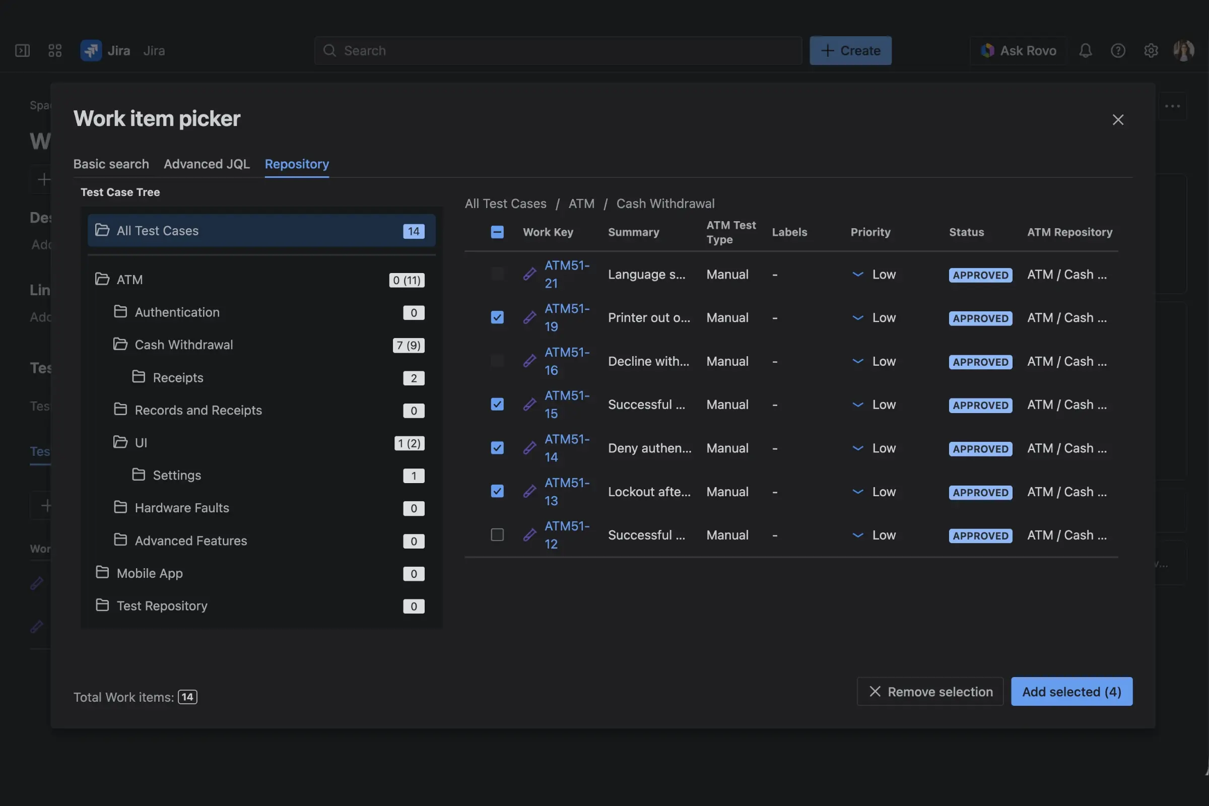 The Work Item Picker dialog with Basic, JQL, and Repository tabs for adding existing Test Cases to a Test Plan.