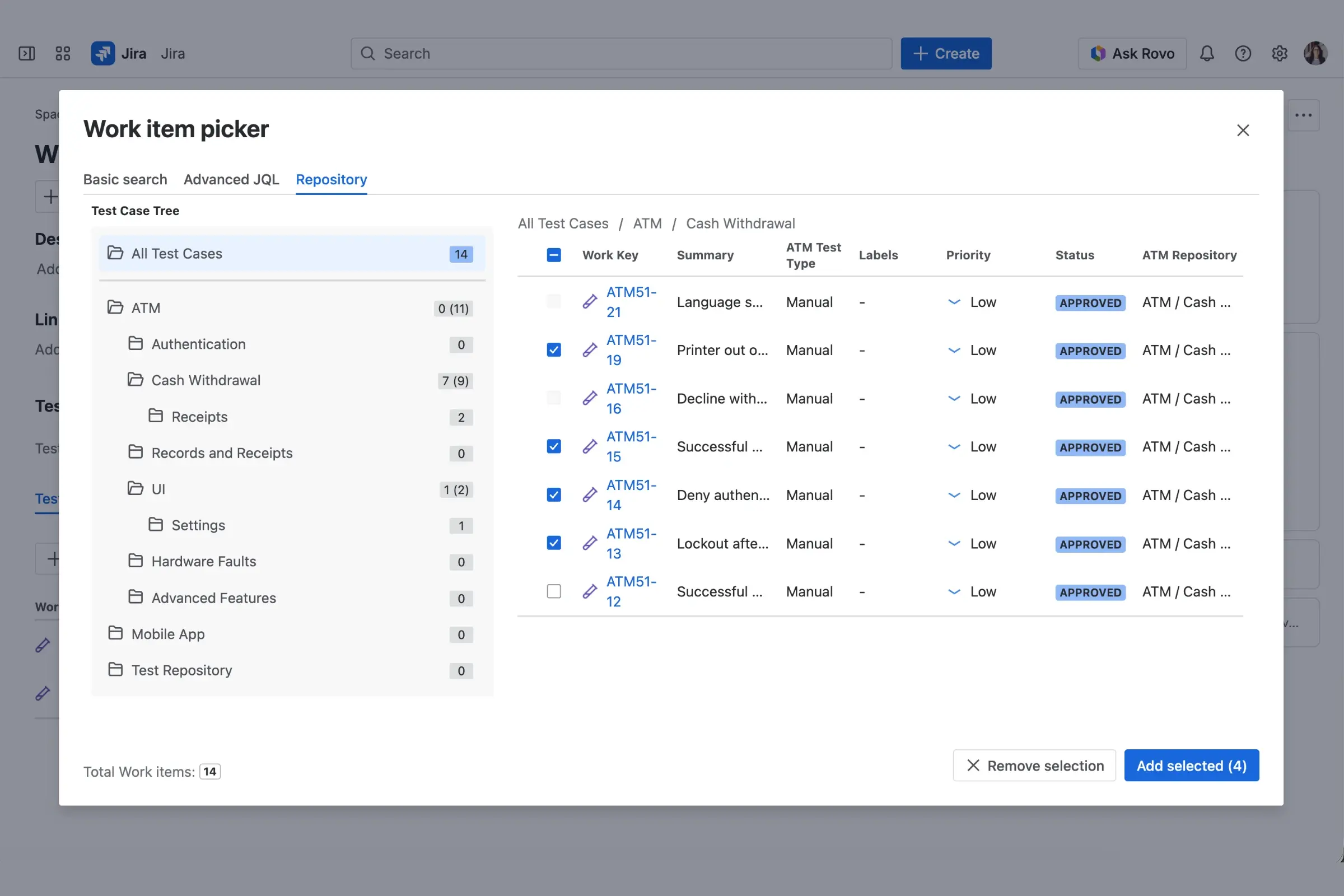 The Work Item Picker dialog with Basic, JQL, and Repository tabs for adding existing Test Cases to a Test Plan.