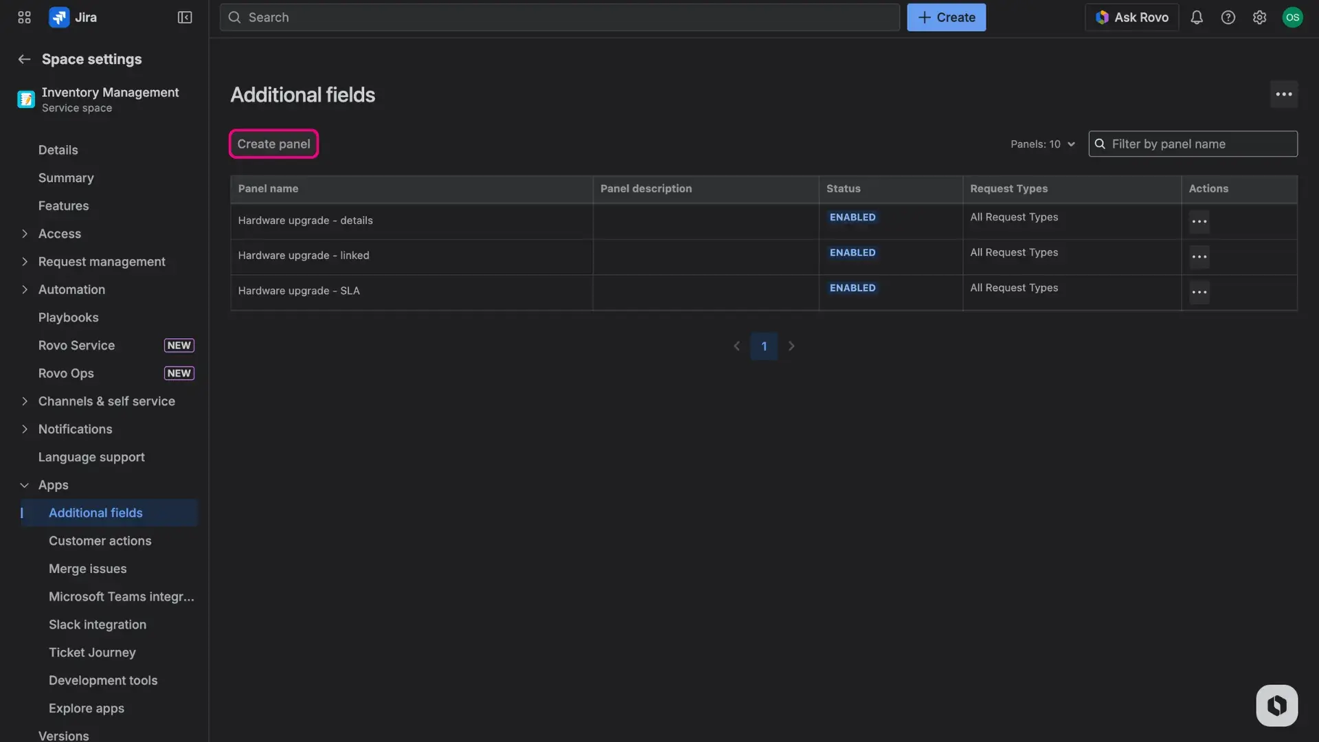 Additional fields page in the space settings - Create panel button highlighted, available on top of the table visible on the page.