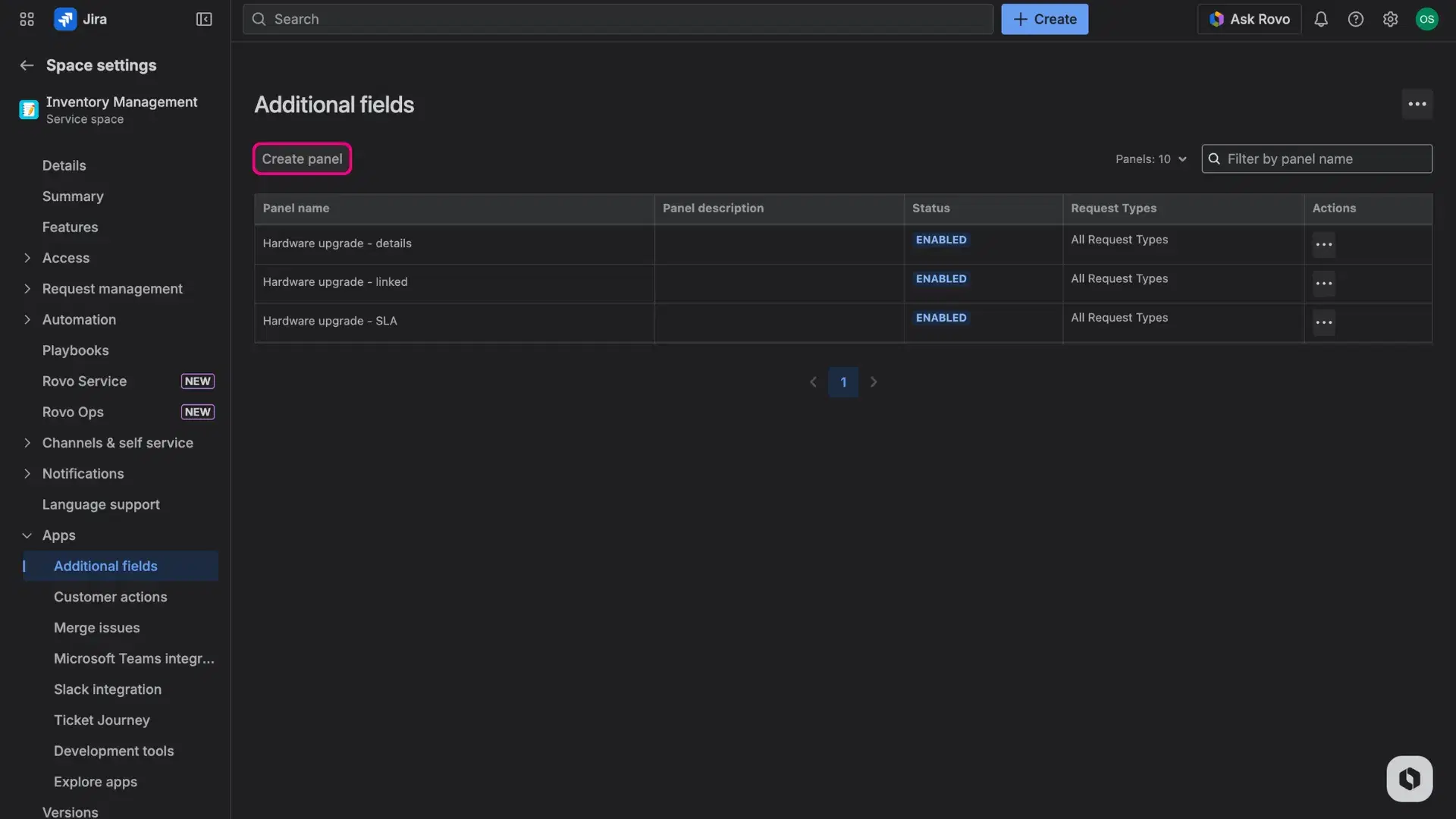 Additional fields page in the space settings - Create panel button highlighted, available on top of the table visible on the page.