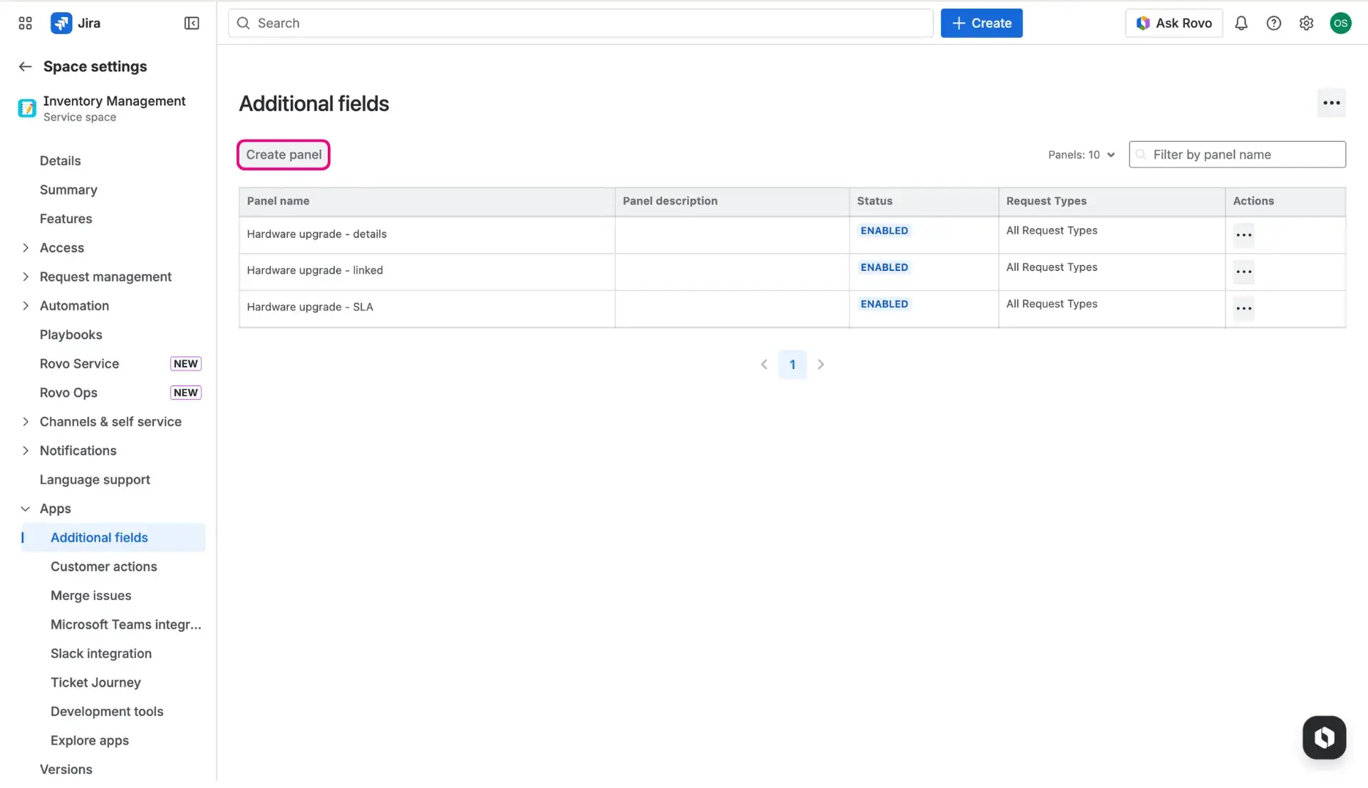 Additional fields page in the space settings - Create panel button highlighted, available on top of the table visible on the page.