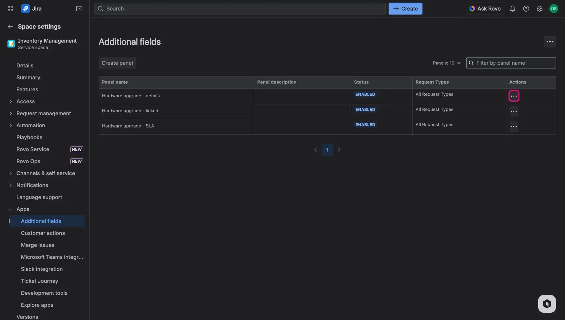 Additional fields page in the space settings - More actions button in the last column of the table highlighted.