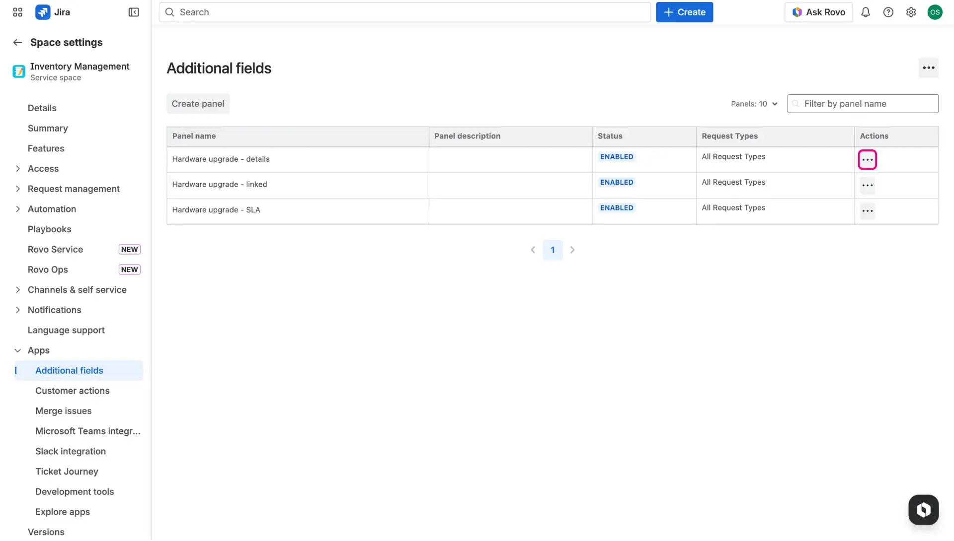 Additional fields page in the space settings - More actions button in the last column of the table highlighted.
