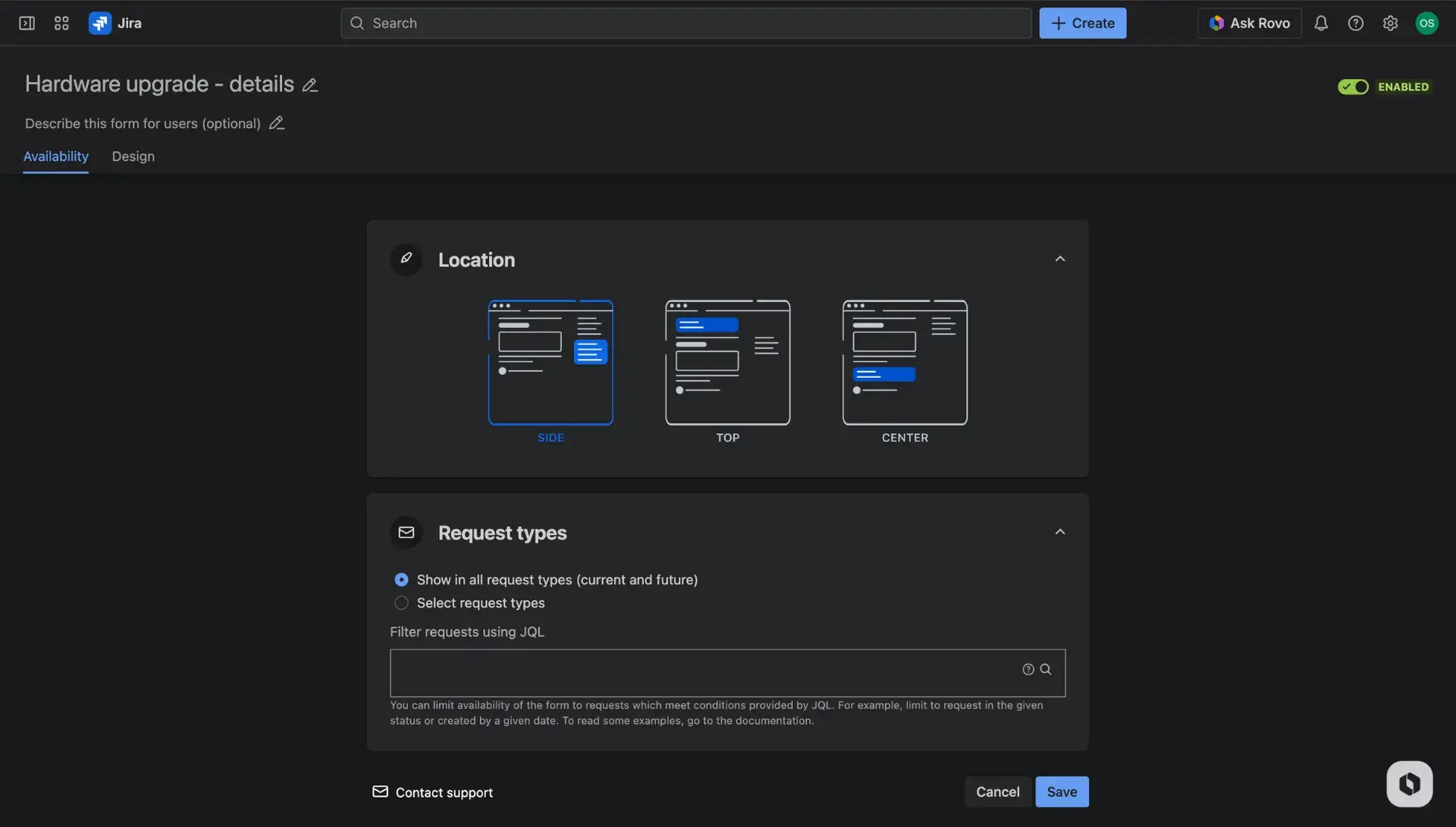 Additional fields configuration page - the Availability tab. Sections for configuring positions and request types.