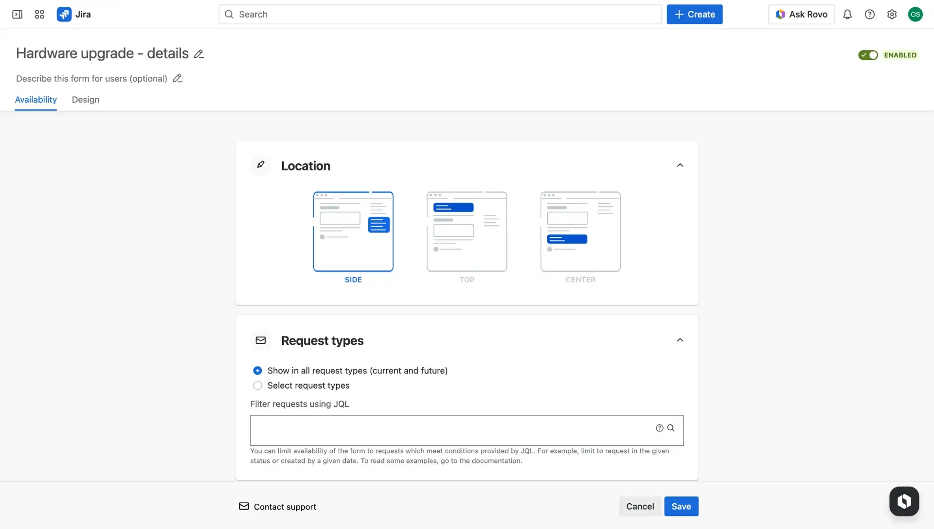 Additional fields configuration page - the Availability tab. Sections for configuring positions and request types.