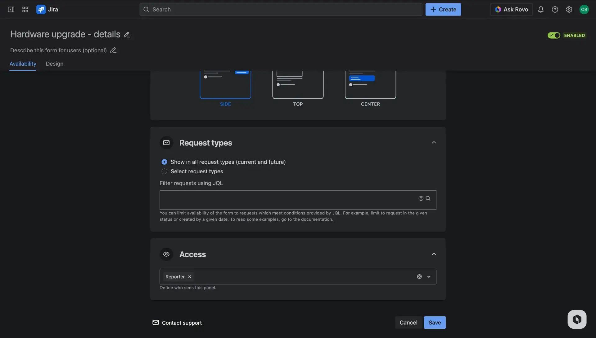 Additional fields configuration page - the Availability tab. Sections for configuring panel access.
