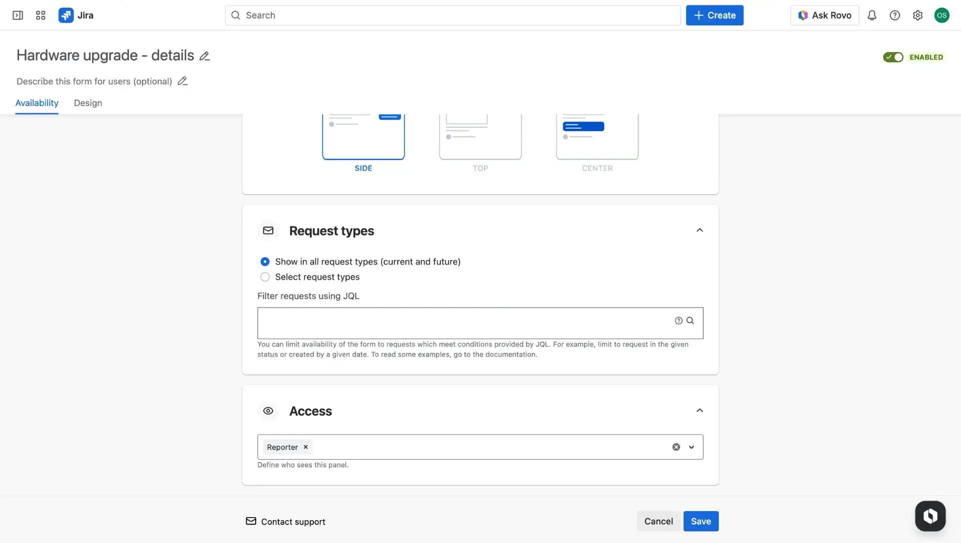 Additional fields configuration page - the Availability tab. Sections for configuring panel access.