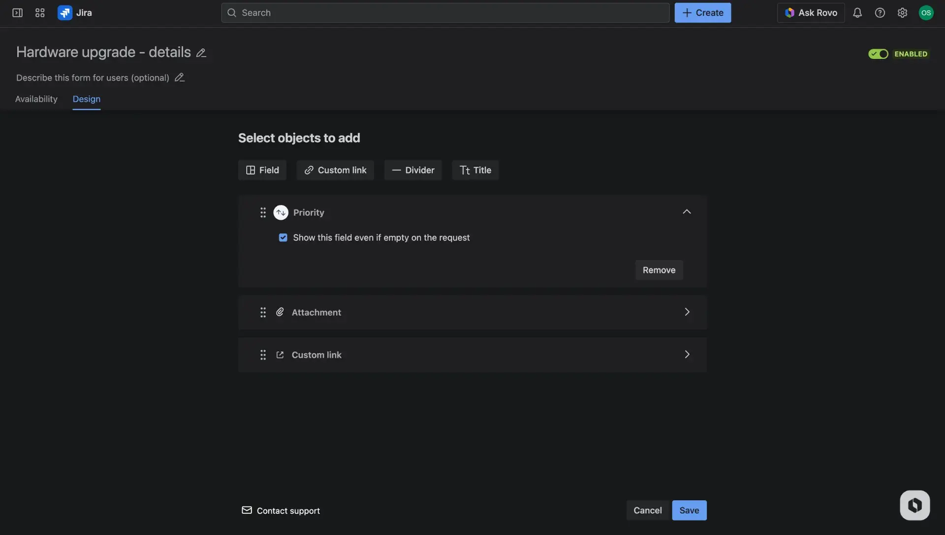 Additional fields configuration page - the Design tab. In this panel, 3 fields are added: priority, attachment and a custom link, each field presented in an expandable dropdown for further configuration.