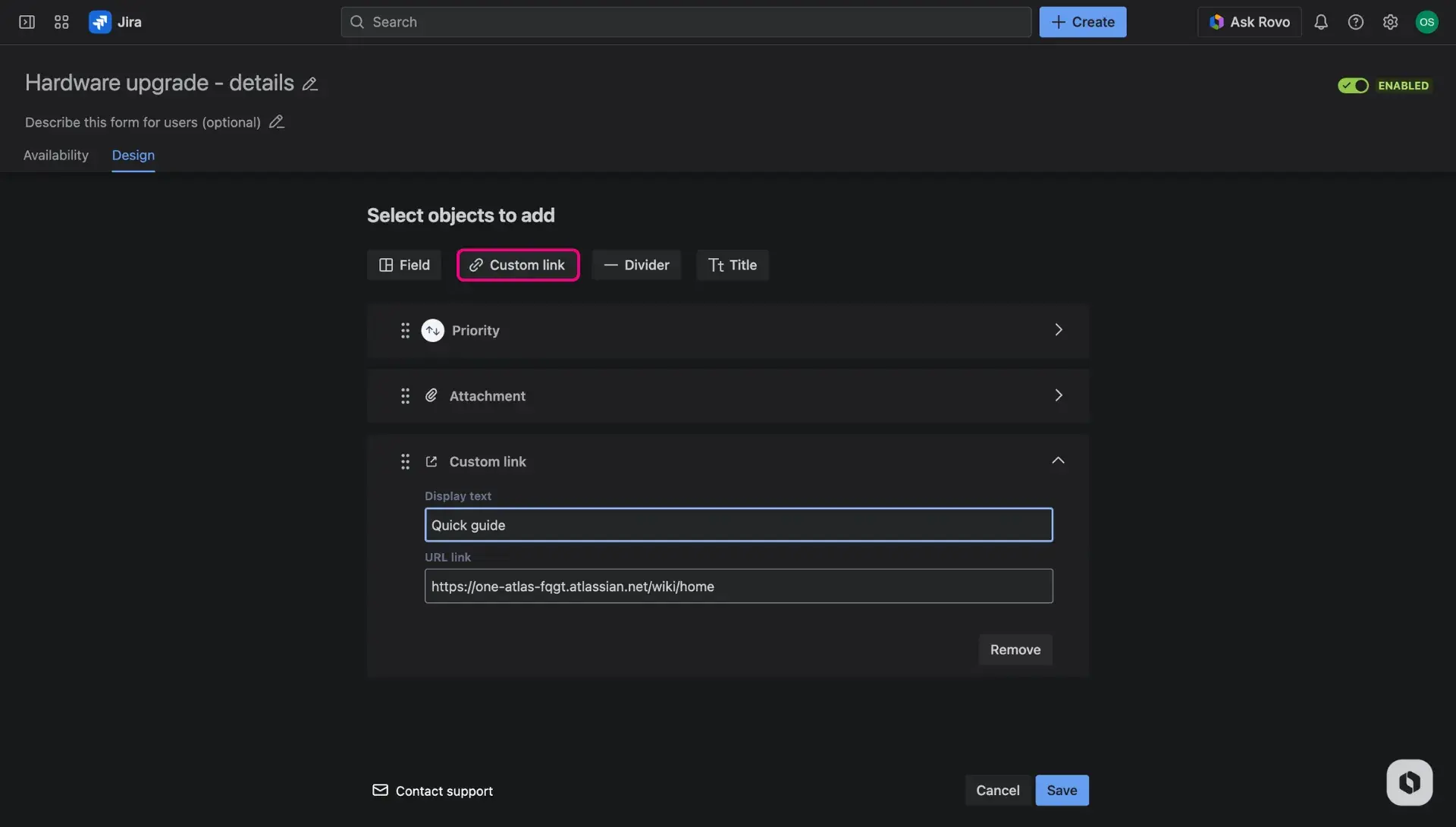 Additional fields configuration page - the Design tab. The Custom links button is highlighted and the field dropdown is expanded.