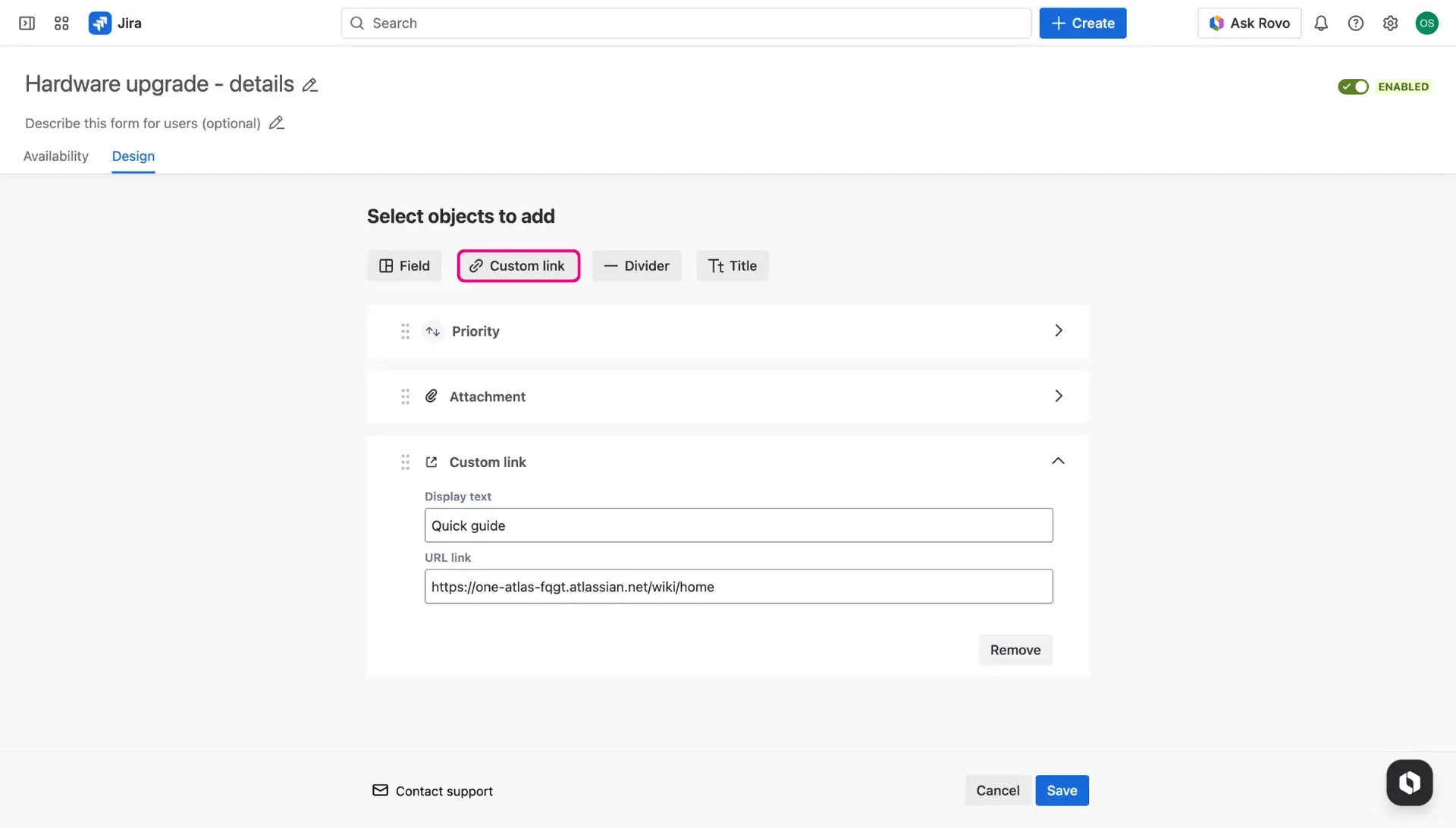 Additional fields configuration page - the Design tab. The Custom links button is highlighted and the field dropdown is expanded.