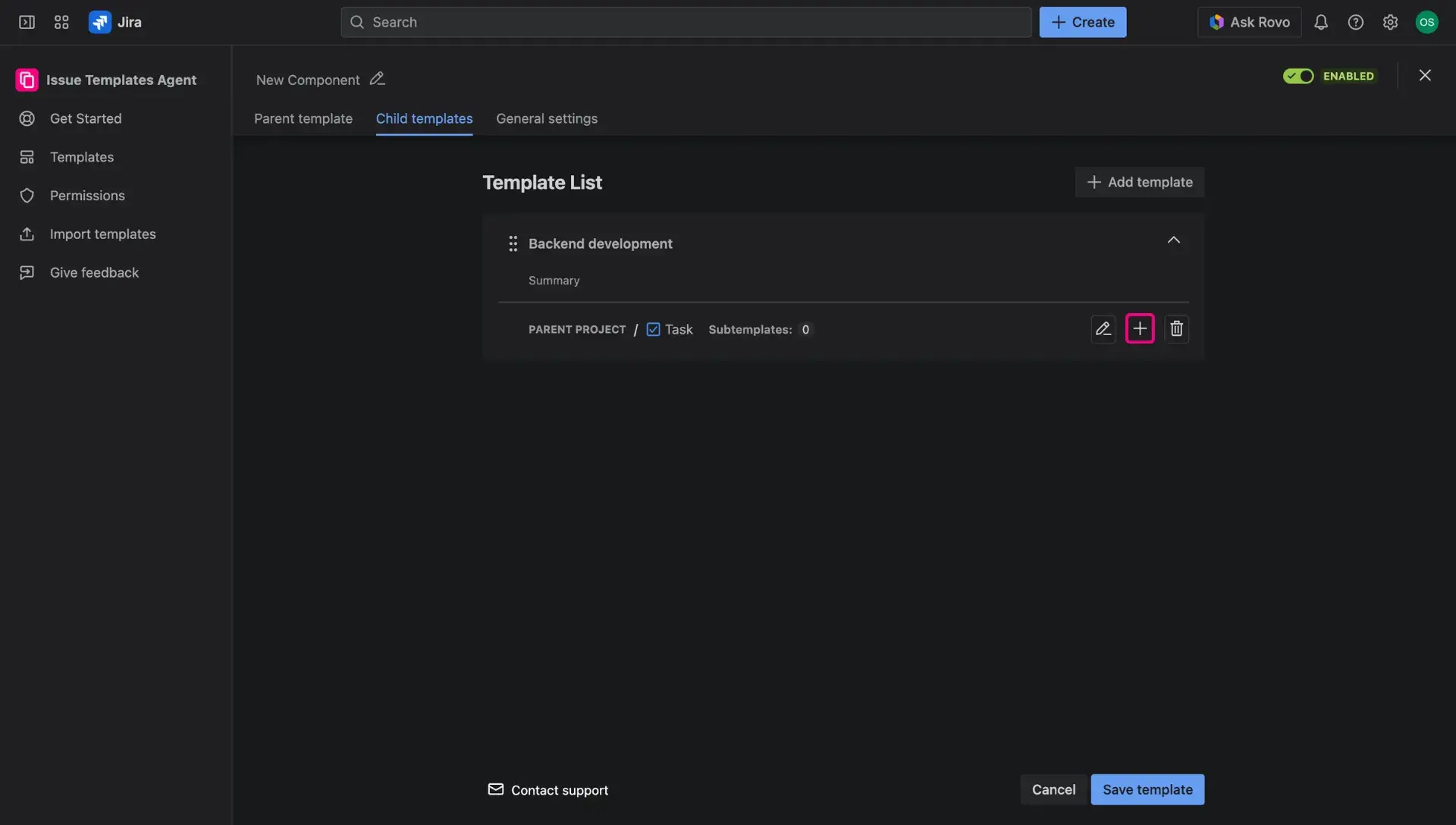 Configuring Jira issue template in Child item tab - adding a sub-child item to the issue template.