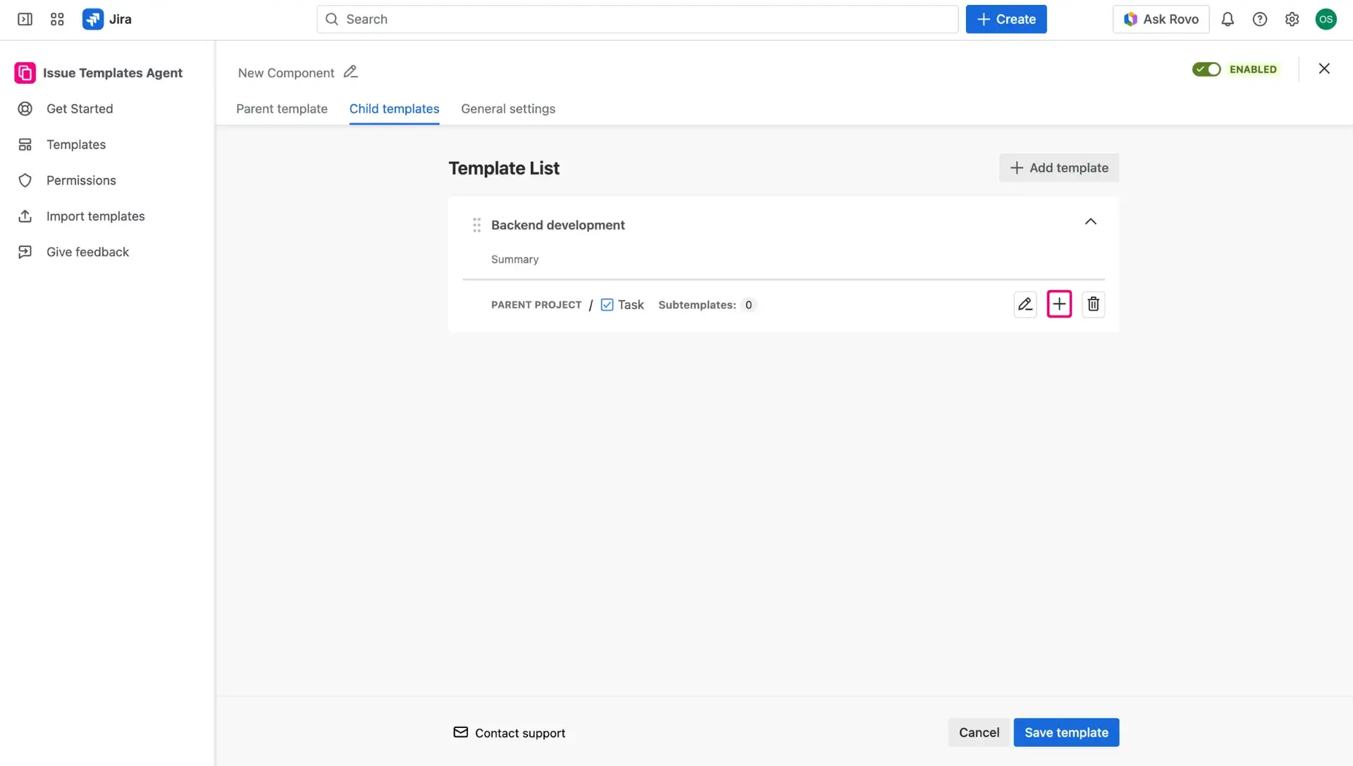 Configuring Jira issue template in Child item tab - adding a sub-child item to the issue template.