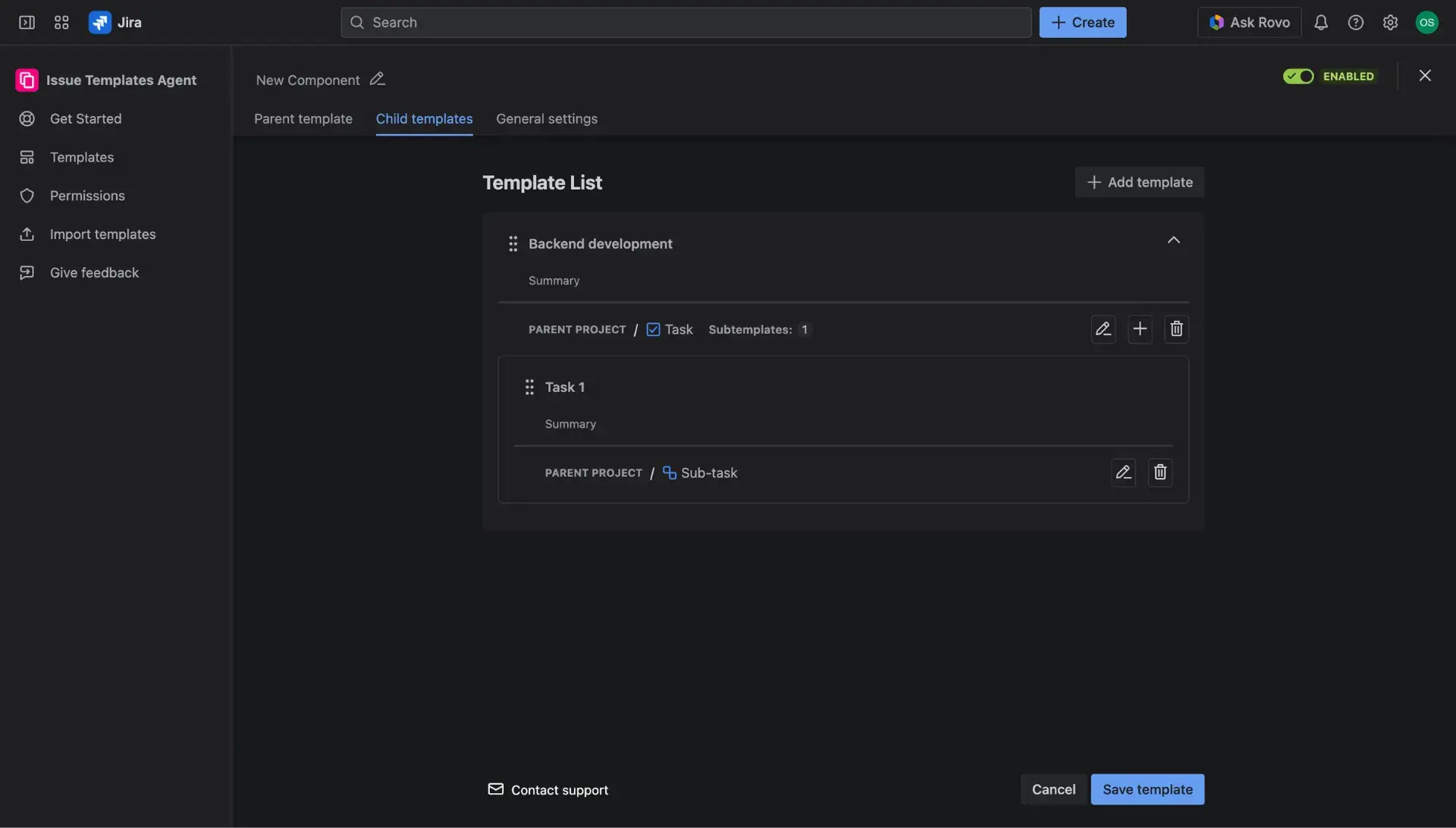 Configuring Jira issue template in Child item tab - adding a sub-child item to the issue template. Screen and template list panel once the subtemplate is added.