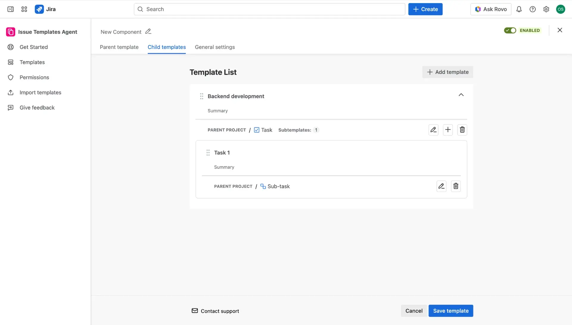 Configuring Jira issue template in Child item tab - adding a sub-child item to the issue template. Screen and template list panel once the subtemplate is added.