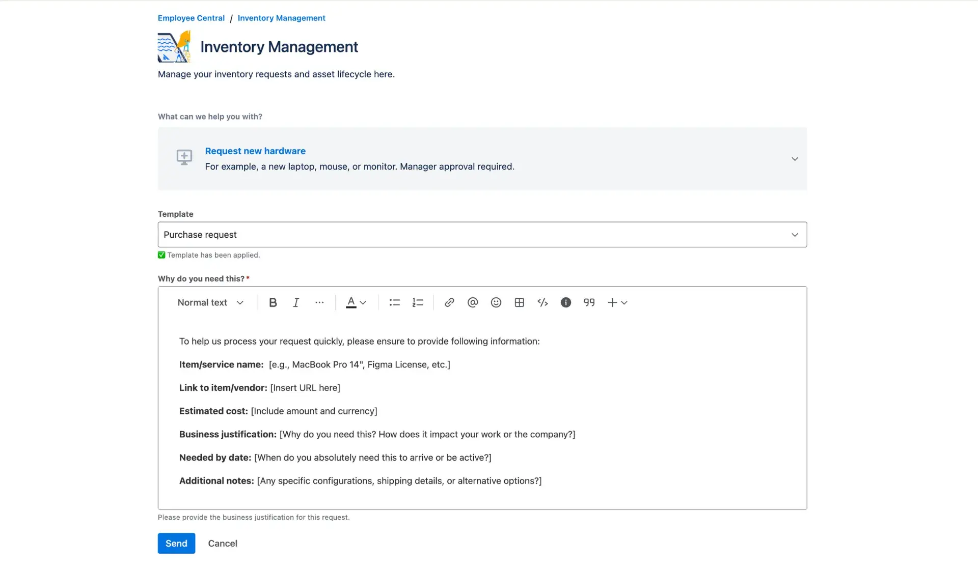 Applied Jira templates on the request on Customer Portal.