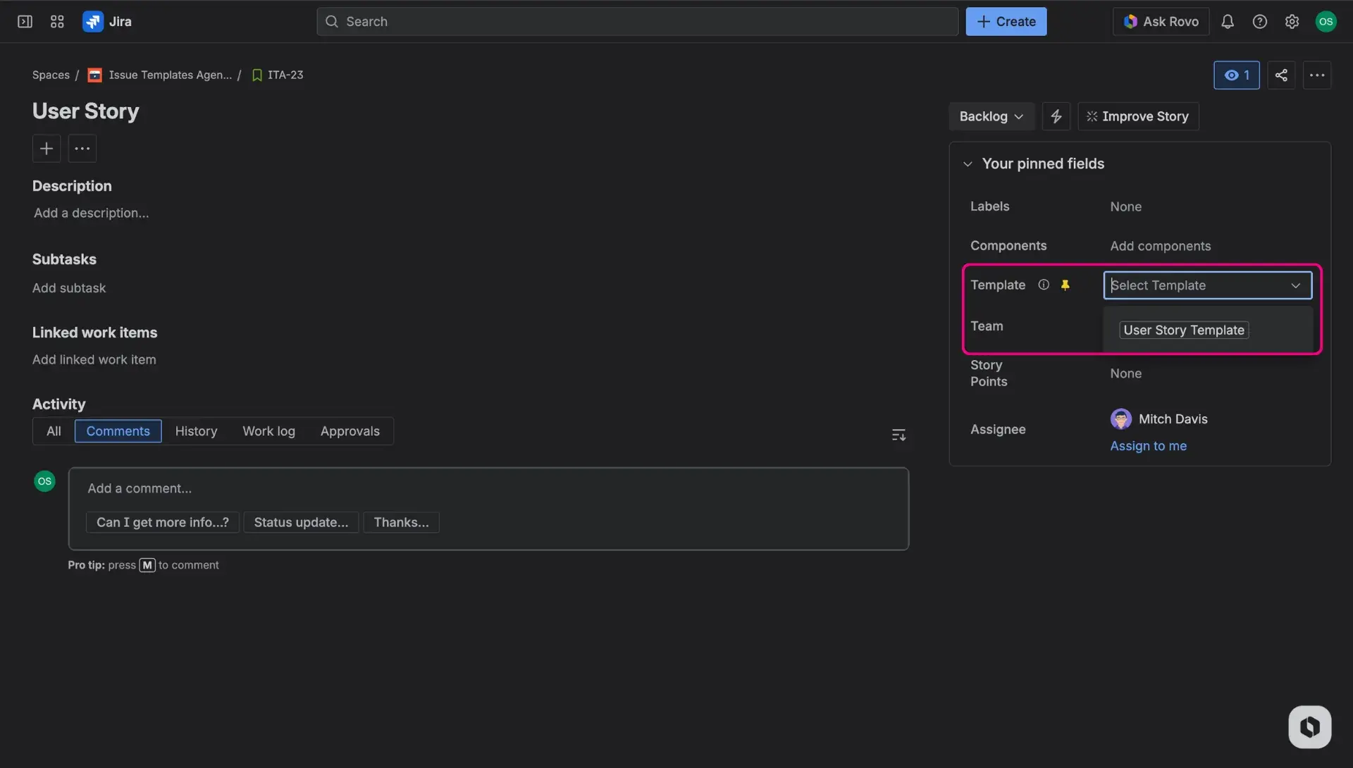 Issue view in Jira - in the right-side panel users can find the highlighted on the graphic Template field and look for templates that can be applied through this view.