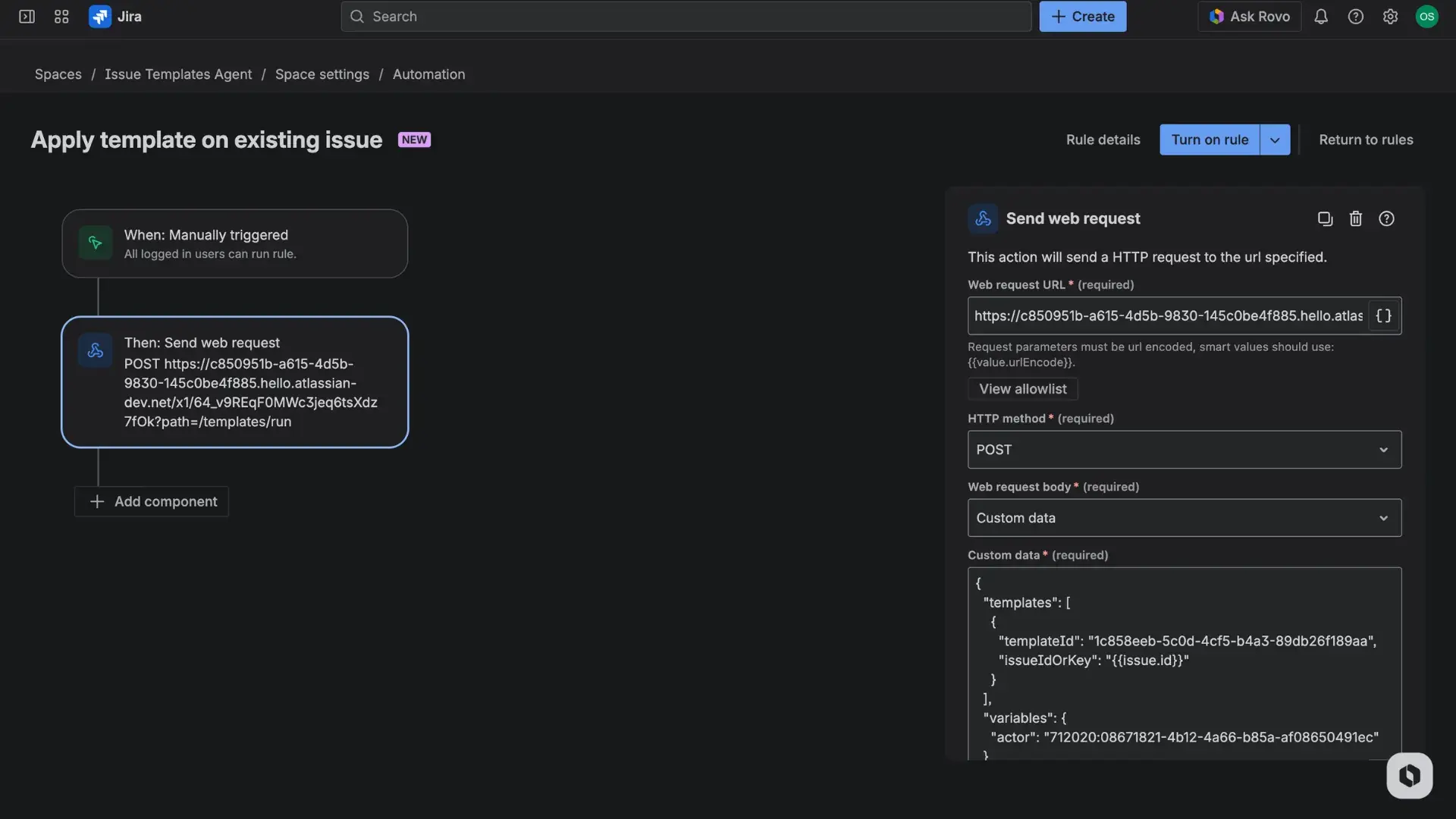 Jira automation rule builder with an example use case described - rule consists of a Manual trigger and a Send web request action. The panel on the right showcases details of the web request body.