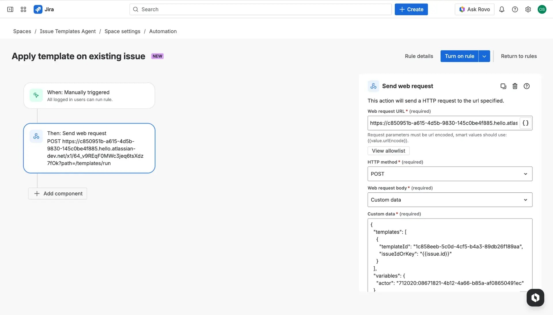 Jira automation rule builder with an example use case described - rule consists of a Manual trigger and a Send web request action. The panel on the right showcases details of the web request body.